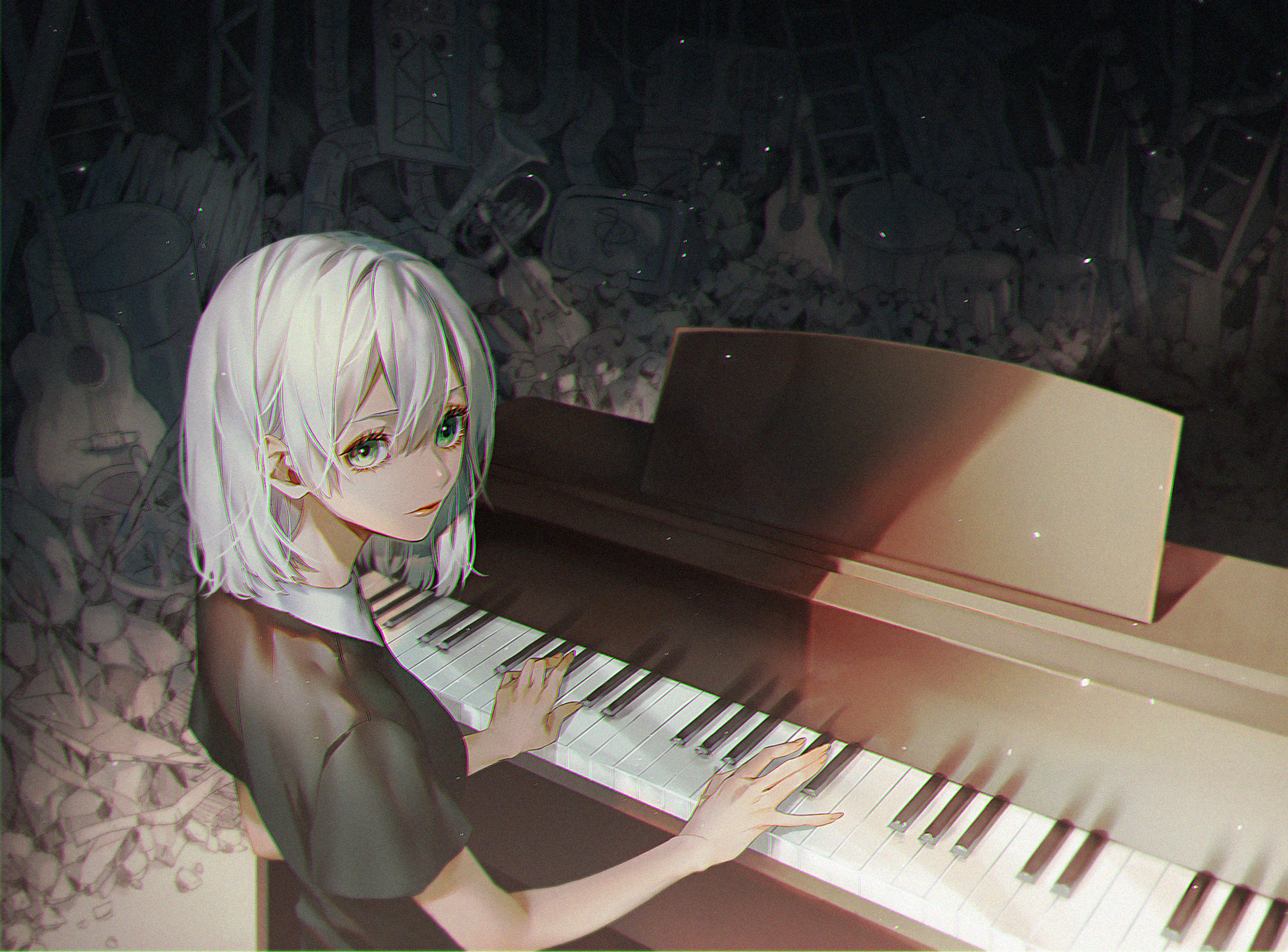 Anime Anime Girls Green Eyes Blonde Short Hair Pianists Trash Guitar Piano 2232x1649