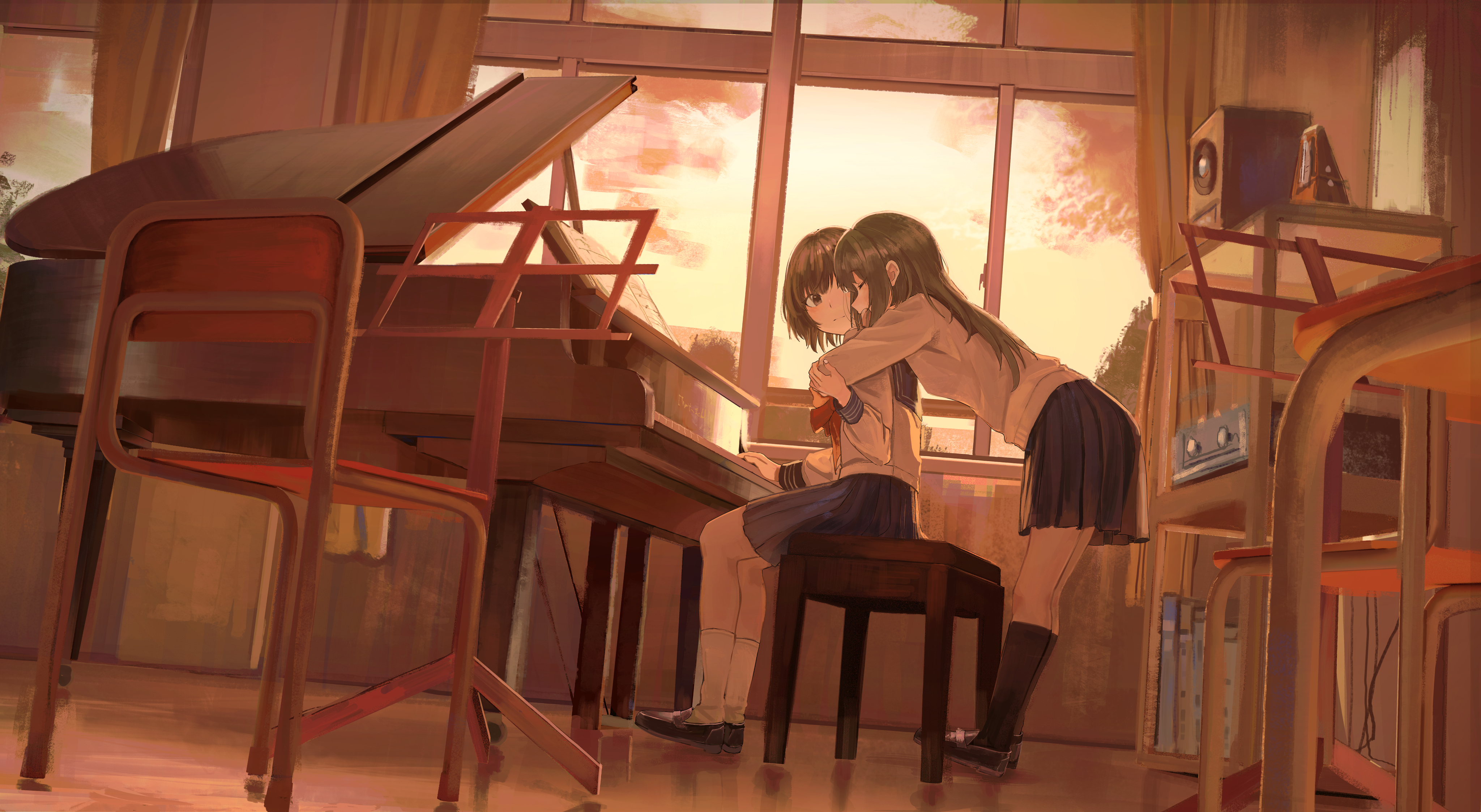 Anime Girls Piano Sitting Hugging Skirt 4096x2246