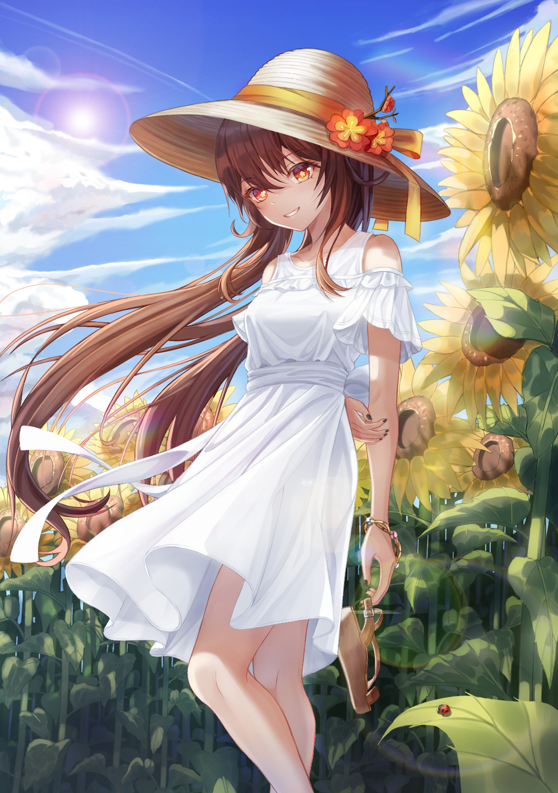 Anime Girls Genshin Impact White Dress Sunflowers Sun Dress Dress Hat Brunette Long Hair Hu Tao Gens 1128x1602