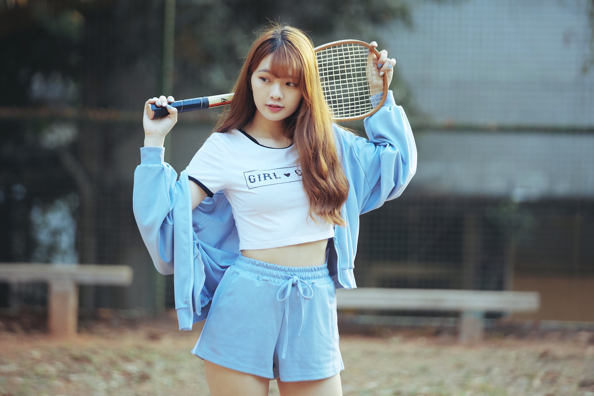 Asian Model Women Long Hair Dark Hair Depth Of Field Shirt Tennis Rackets Jacket Shorts Women Outdoo 2048x1365