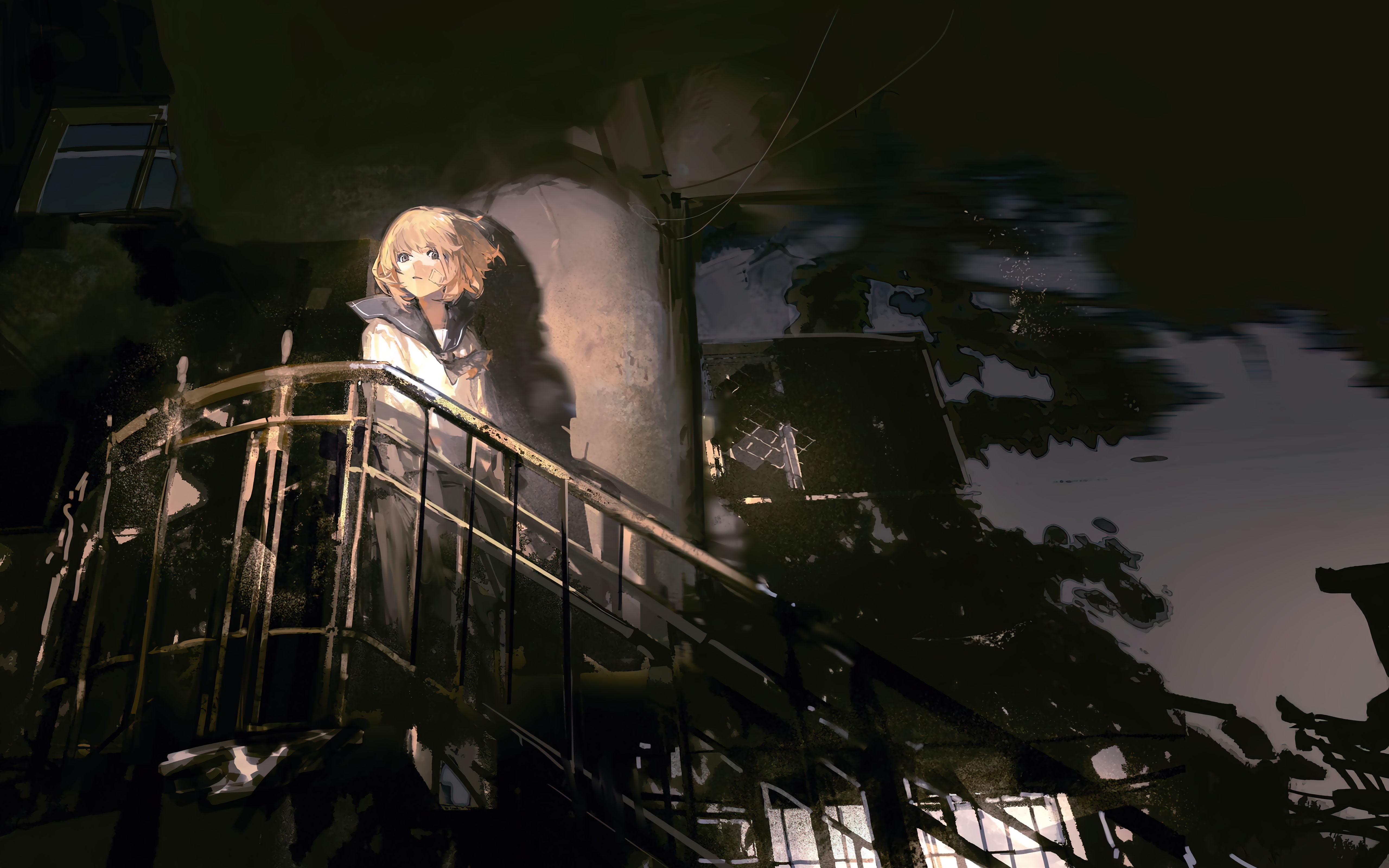 Anime Anime Girls Stairs Sailor Uniform Short Hair Light Effects Window Blonde 5120x3200