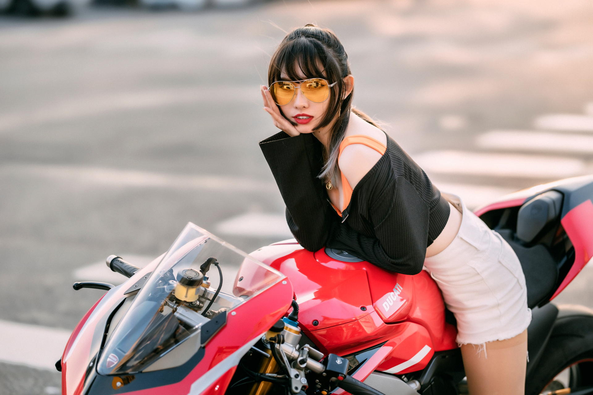 Asian Model Women Long Hair Dark Hair Depth Of Field Shorts Ponytail Black Jackets Motorcycle Sungla 1920x1280