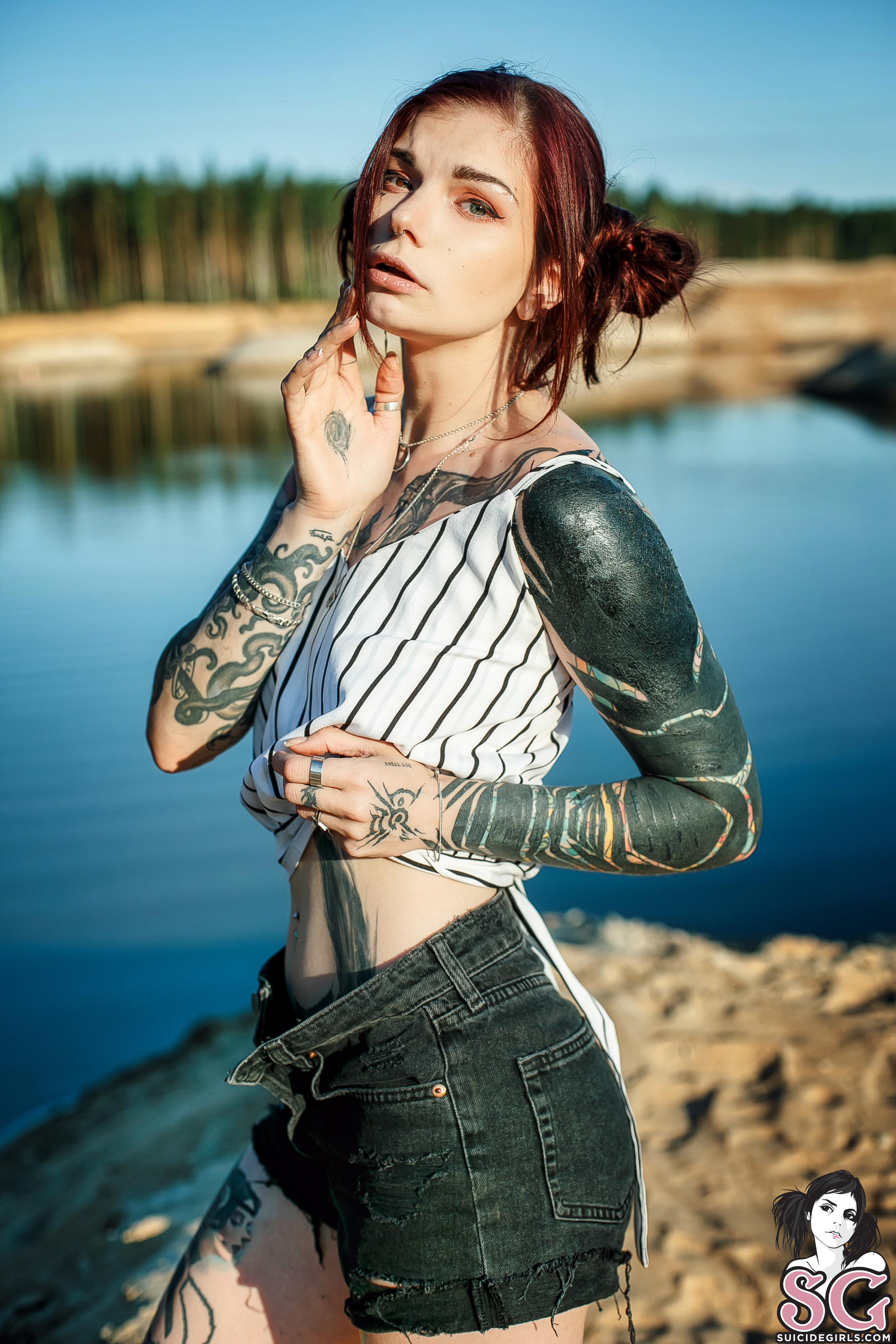 Redhead Women Outdoors Tattoo Inked Girls Model Women Sunlight Depth Of Field Tank Top Looking At Vi 2667x4000
