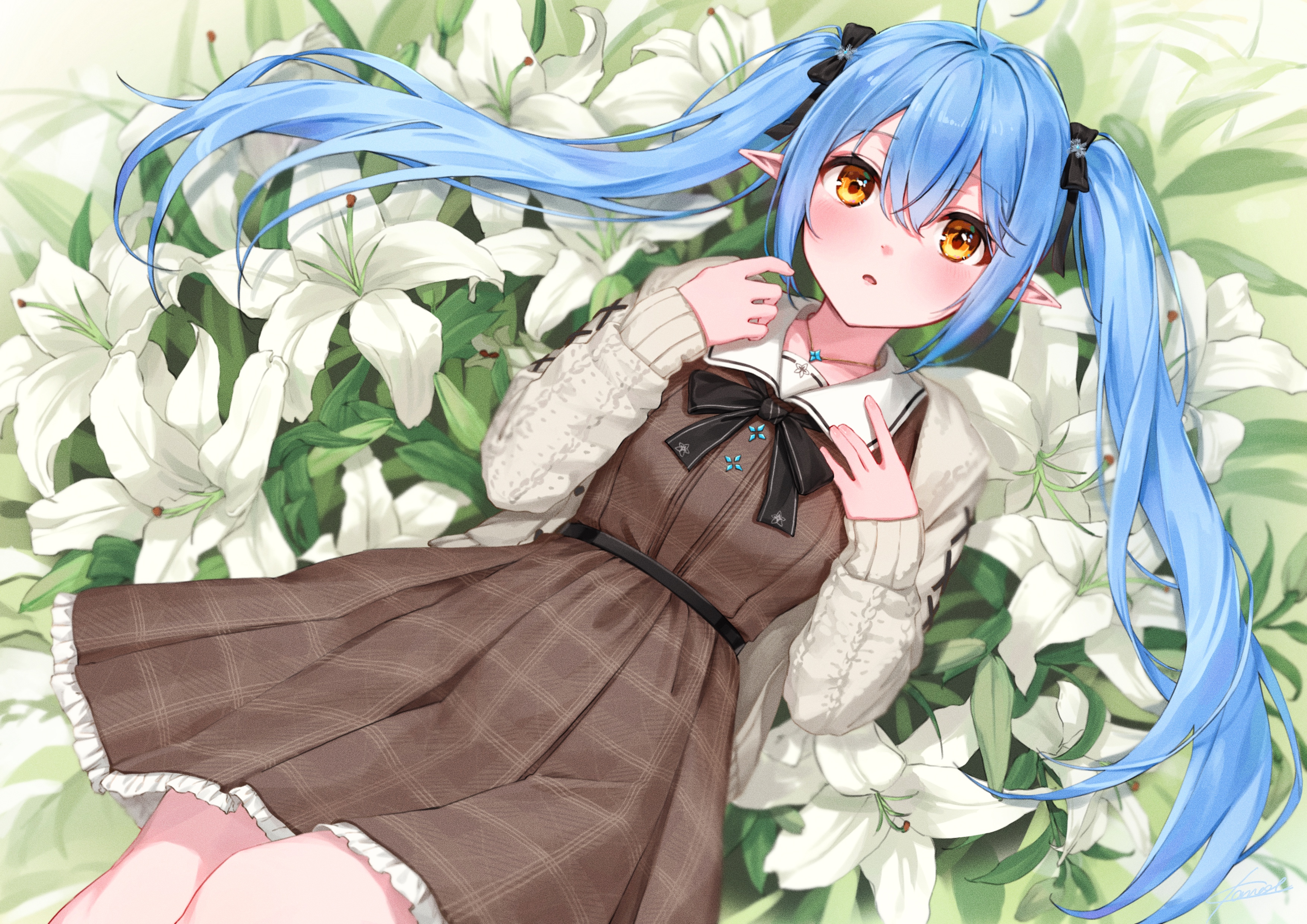 Anime Anime Girls Blue Hair Long Hair Dress Looking At Viewer Pointy Ears Flowers Plants Twintails H 3508x2480