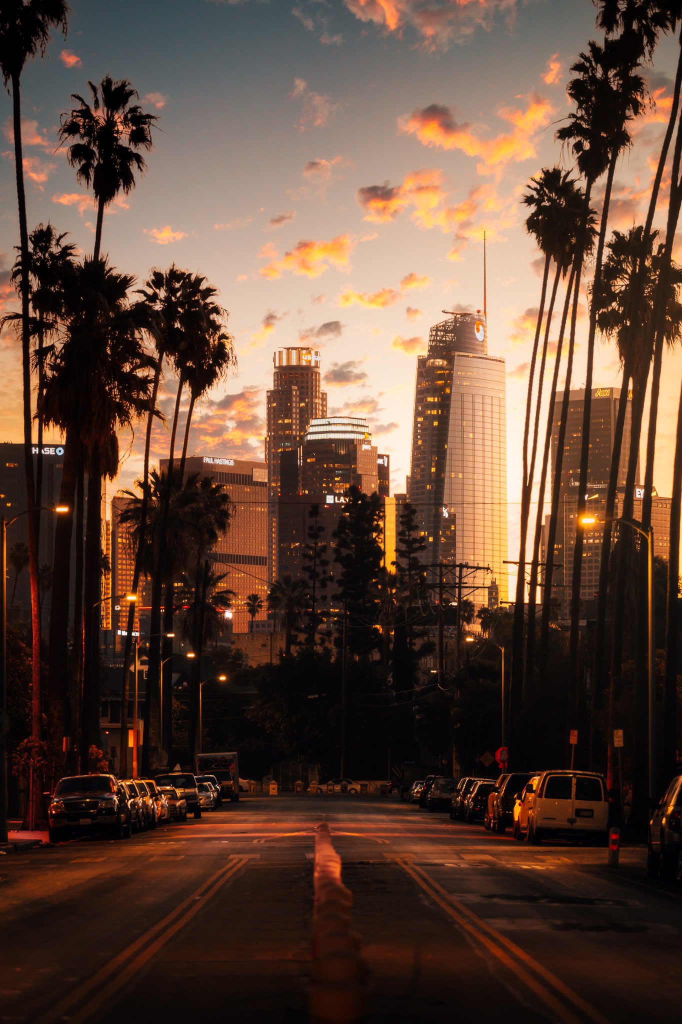 Cityscape Portrait Display City Sunset Skyscraper Los Angeles Road Palm Trees 1364x2048