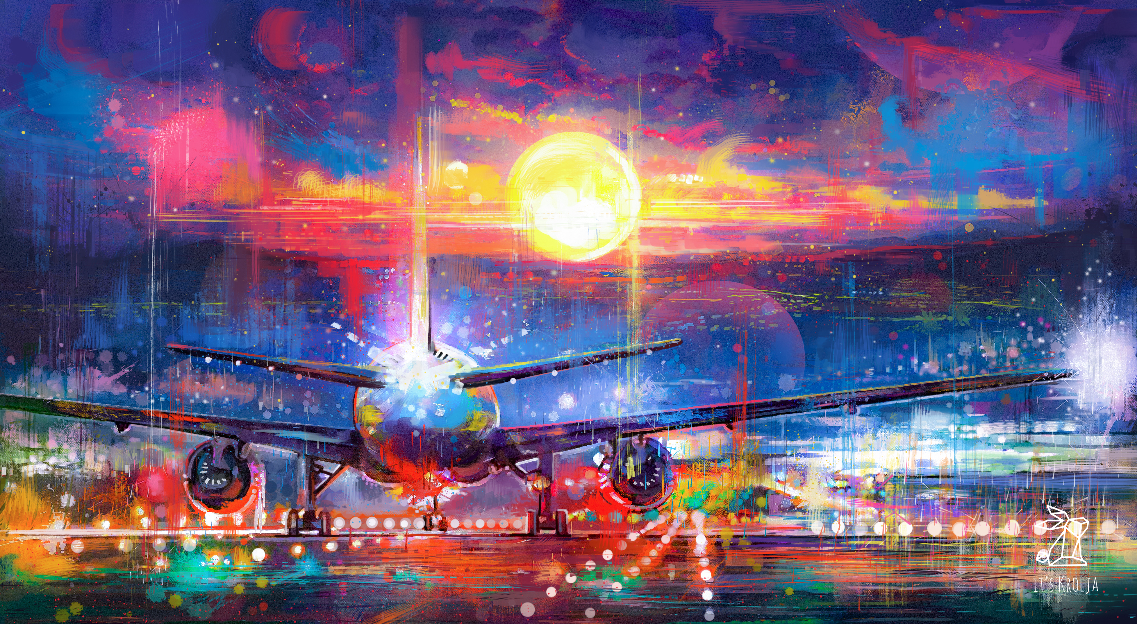 Digital Painting Aircraft Rain Night Airport Itskrolja 3911x2148