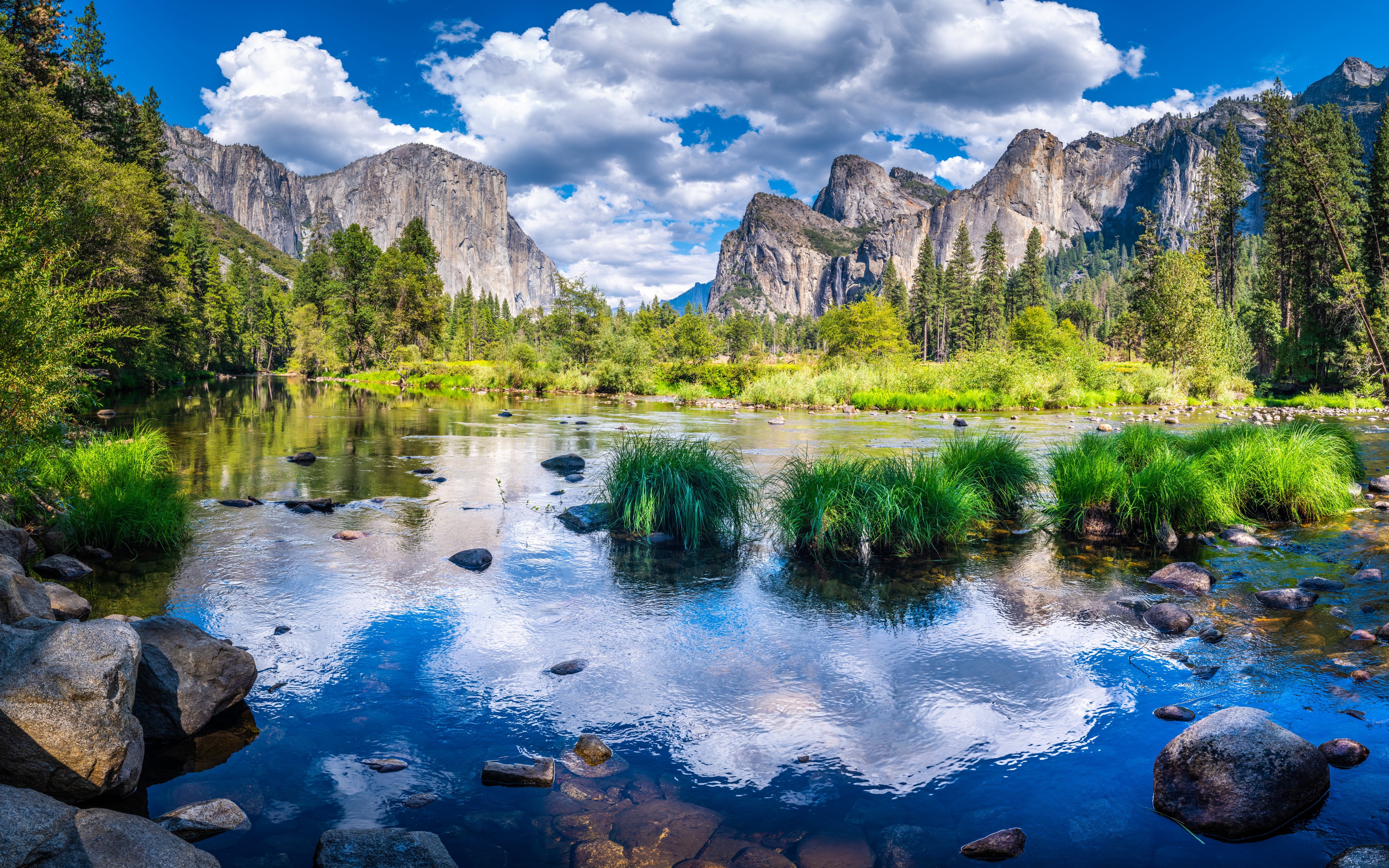 Yosemite National Park USA Nature Sky Clouds Mountains River Landscape Reflection Trees 3840x2400