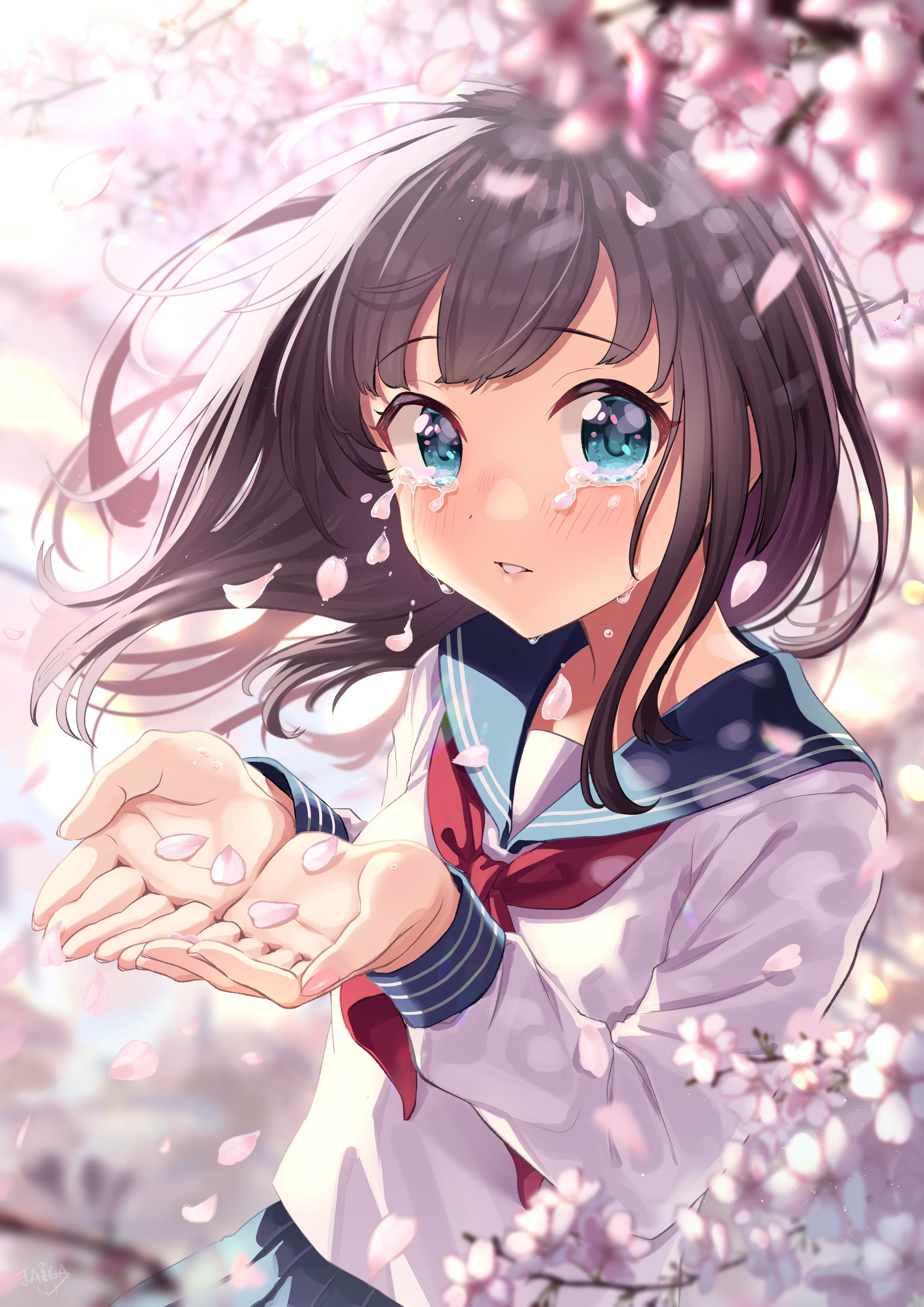 Anime Anime Girls Original Characters Taiga Artwork Cherry Blossom School Uniform Tears Blue Eyes Da 2333x3298