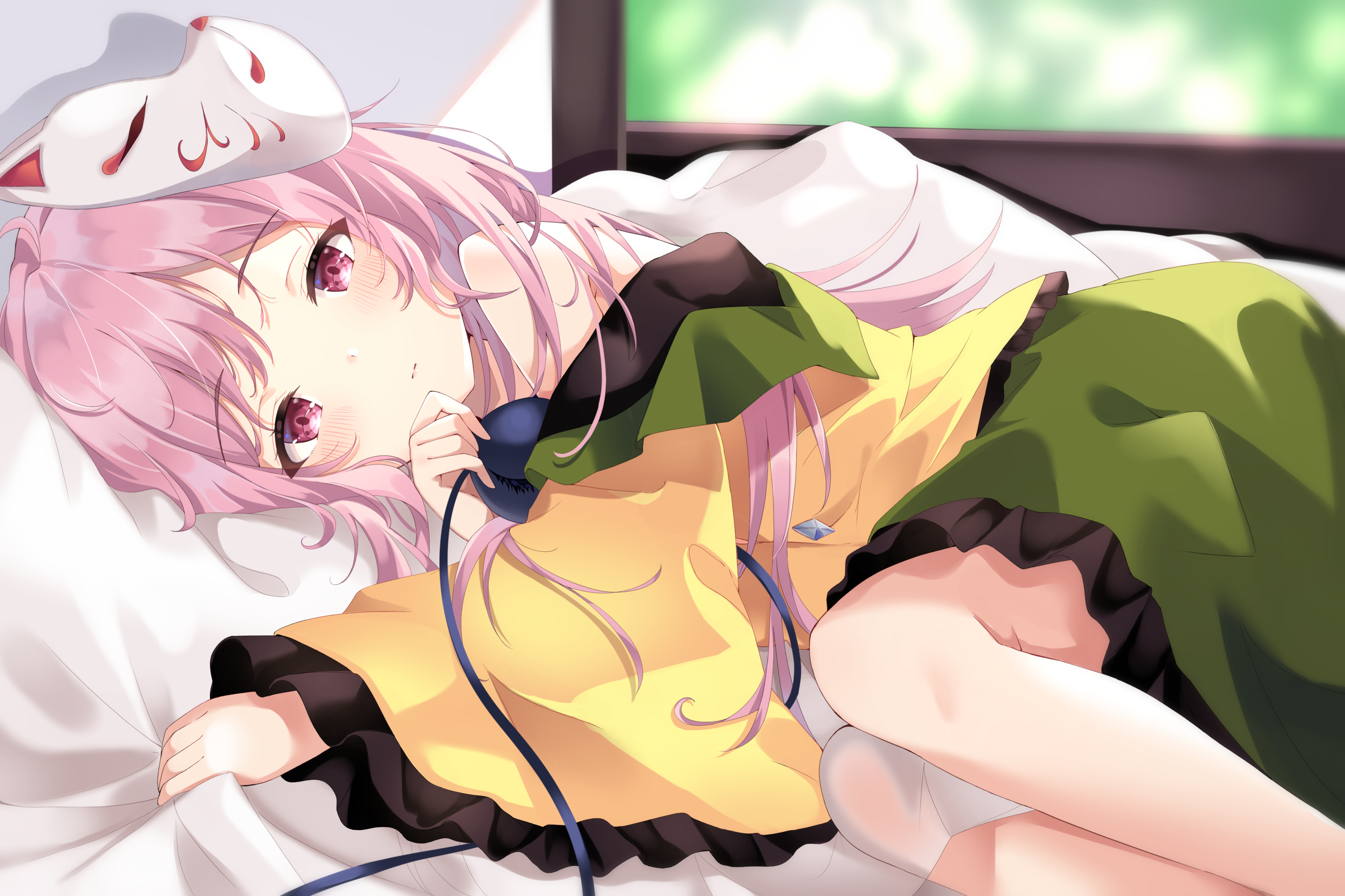 Anime Anime Girls Pink Hair Purple Eyes Knees Together Lying Down Mask Looking At Viewer Dress In Be 2960x1973