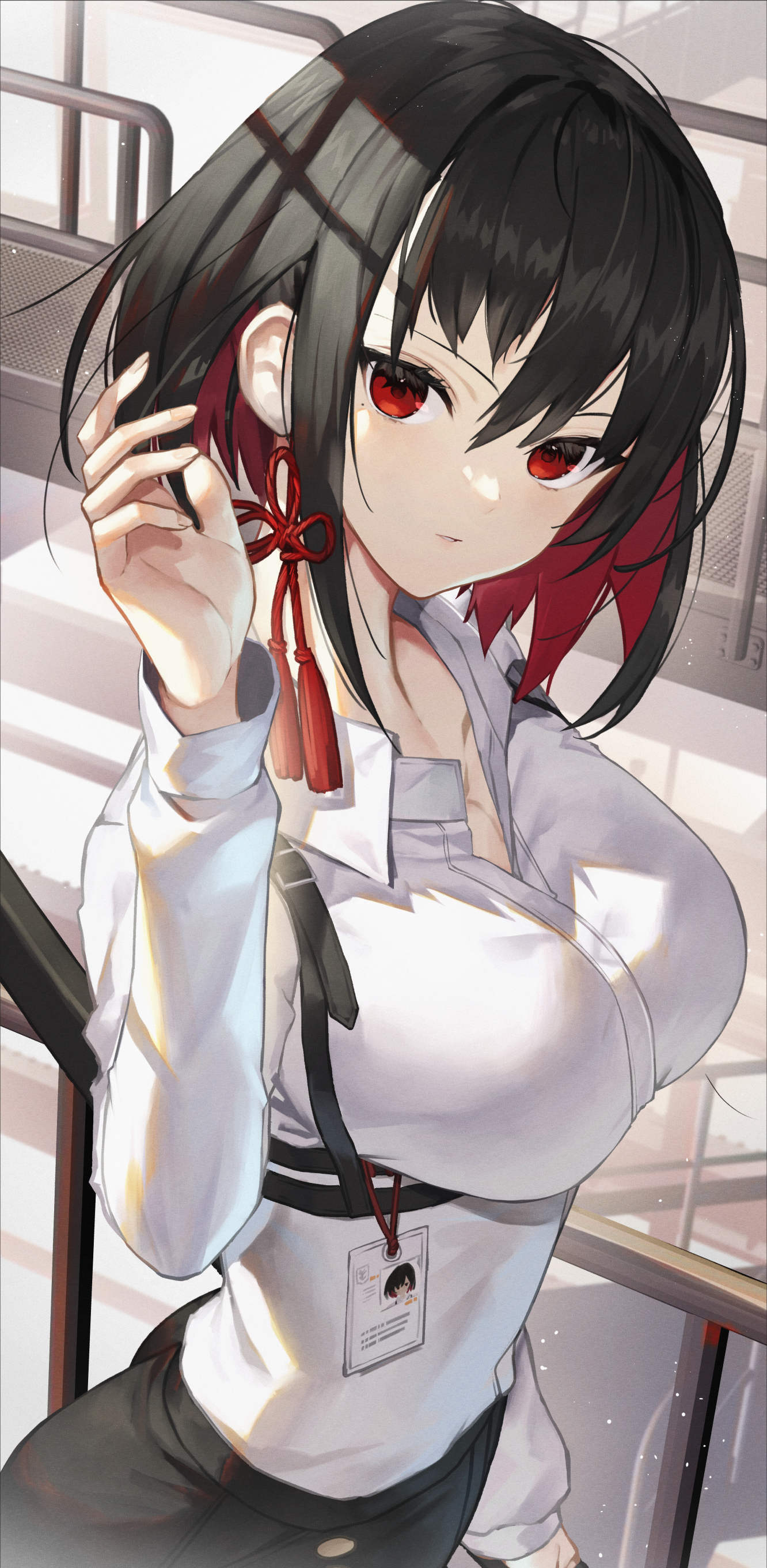 Anime Anime Girls Sukocchi Artwork Black Hair Red Eyes Short Hair White Shirt 1332x2720