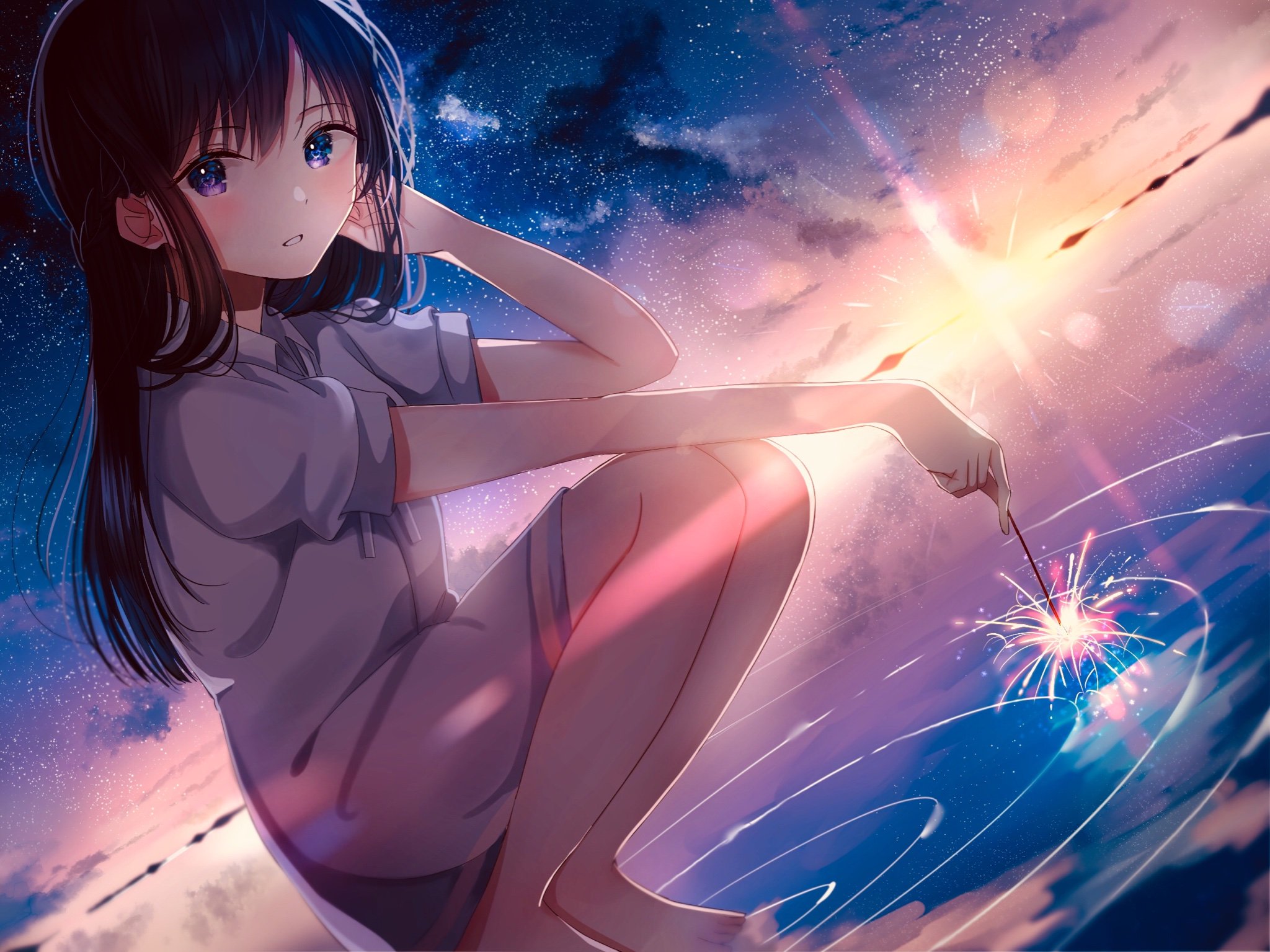 Anime Anime Girls Sparklers Water Brunette Artwork Sakura Artist 2048x1535