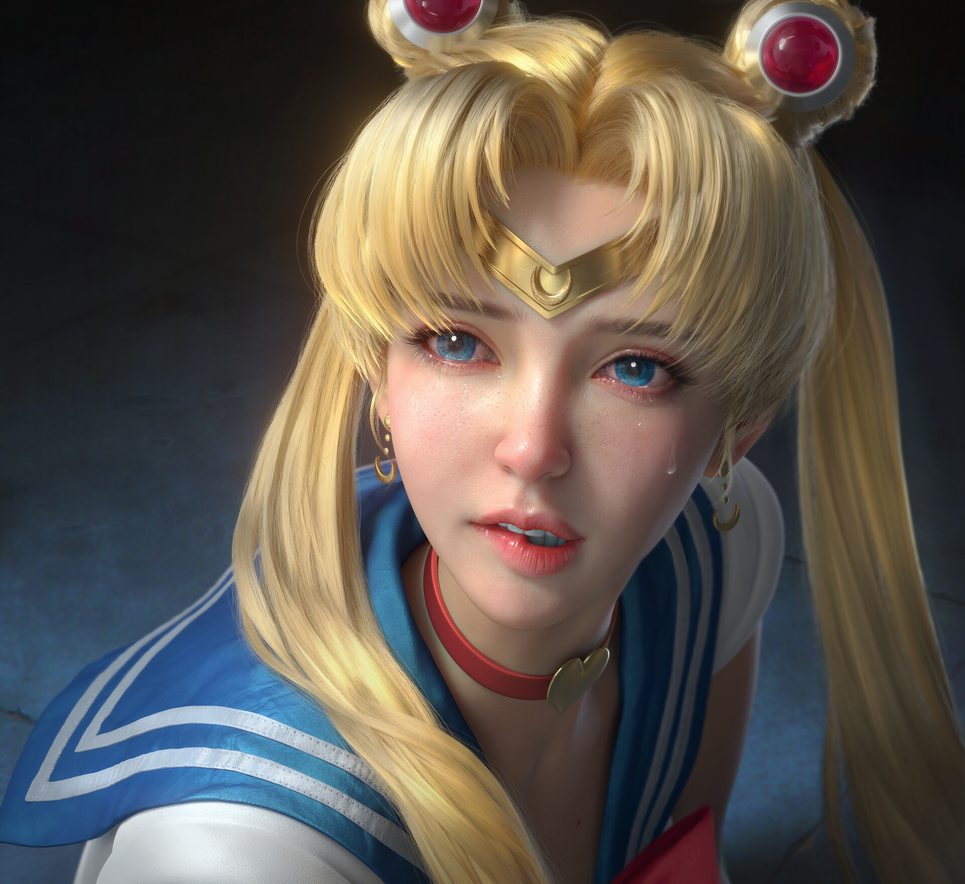 Sailor Moon Women Blonde Long Hair CGi Render Realistic Anime Tears Sad Anime Girls ArtStation Bitin 1920x1759