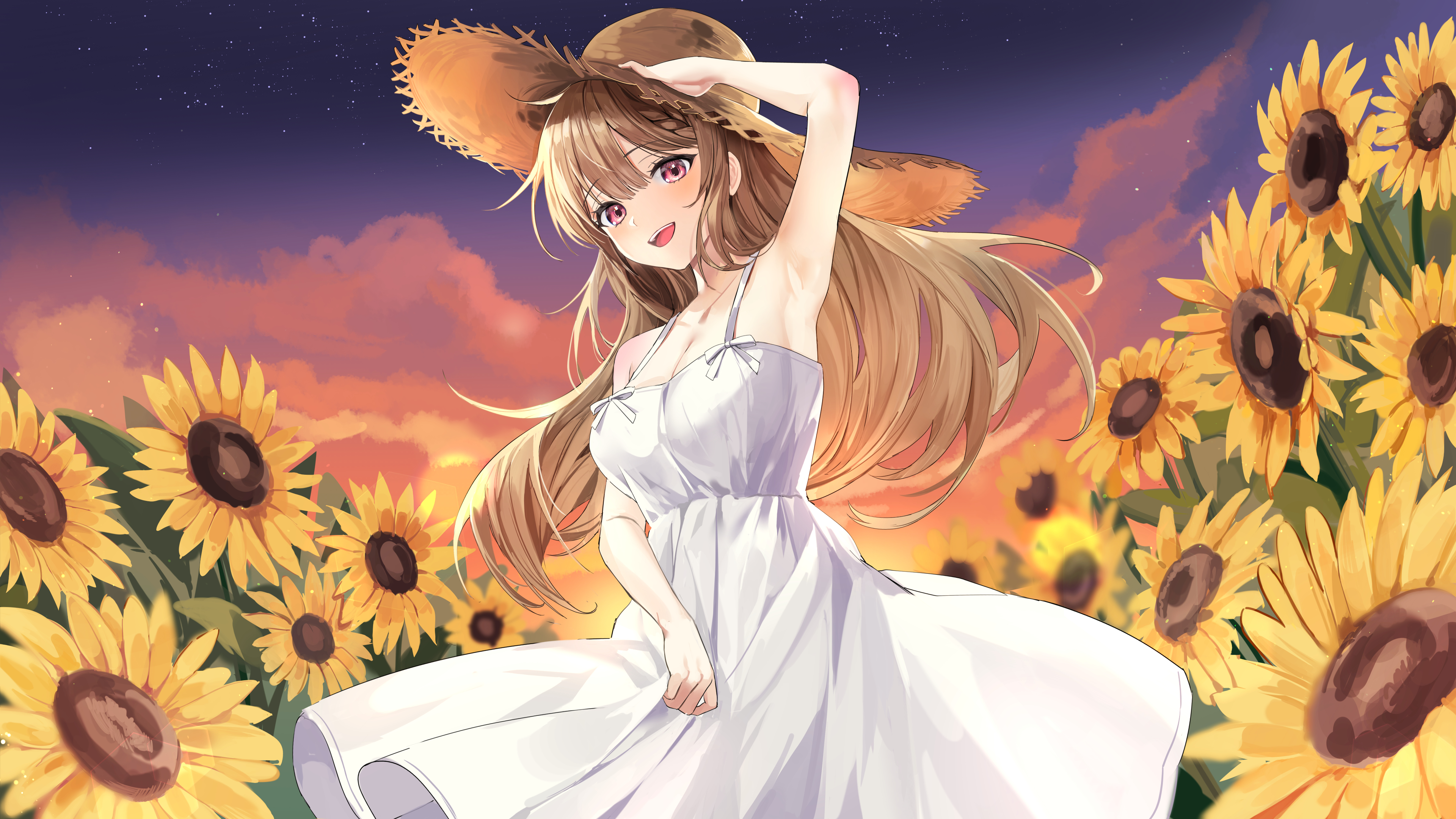 Anime Anime Girls Hat Women With Hats Flowers Plants Sunflowers Red Eyes Women Outdoors Yellow Flowe 3840x2160