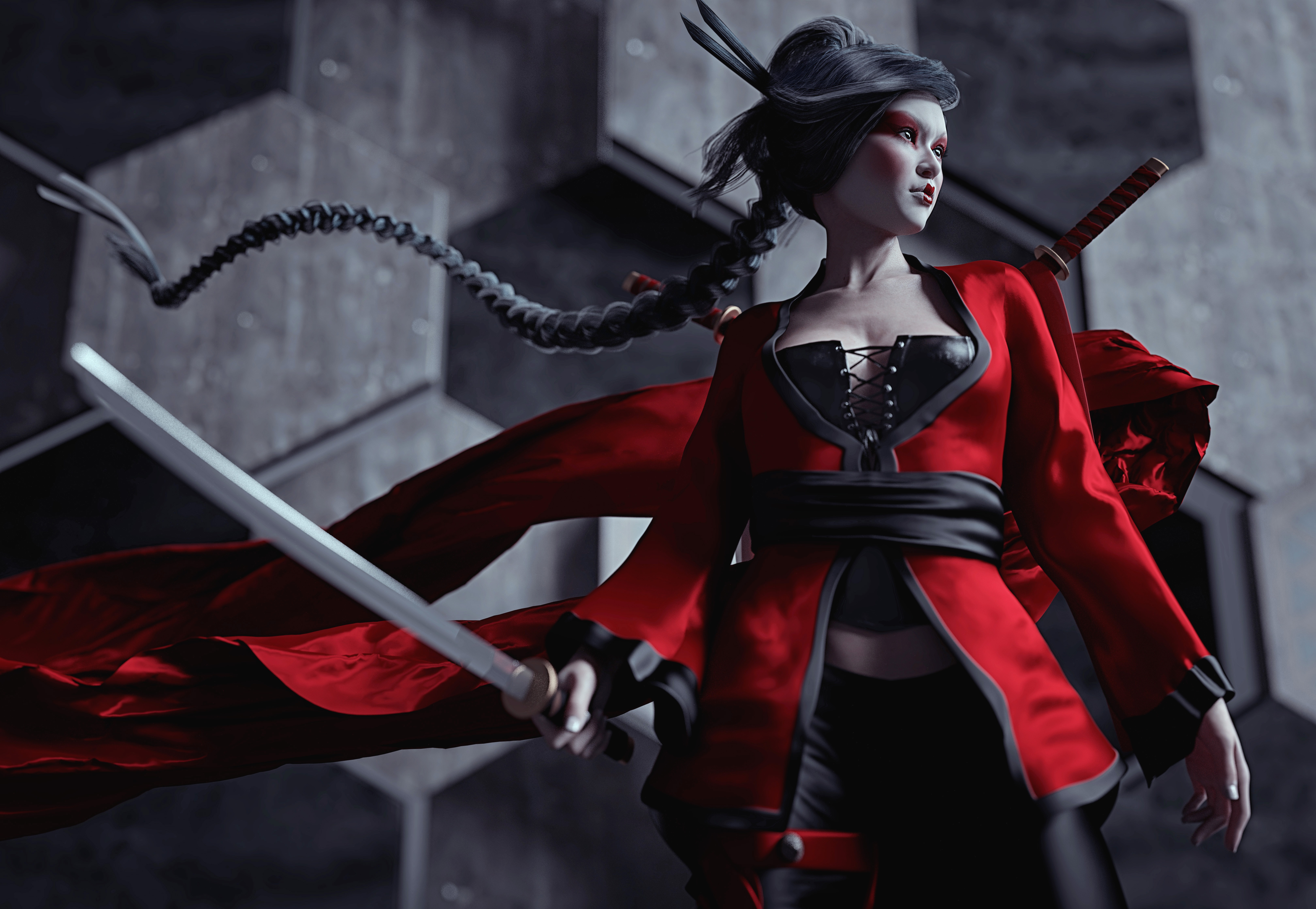 Artwork Women Render 3D Asian CGi Red Clothing Sword Ninja Portrait Japanese Wind Looking Away Braid 6496x4488