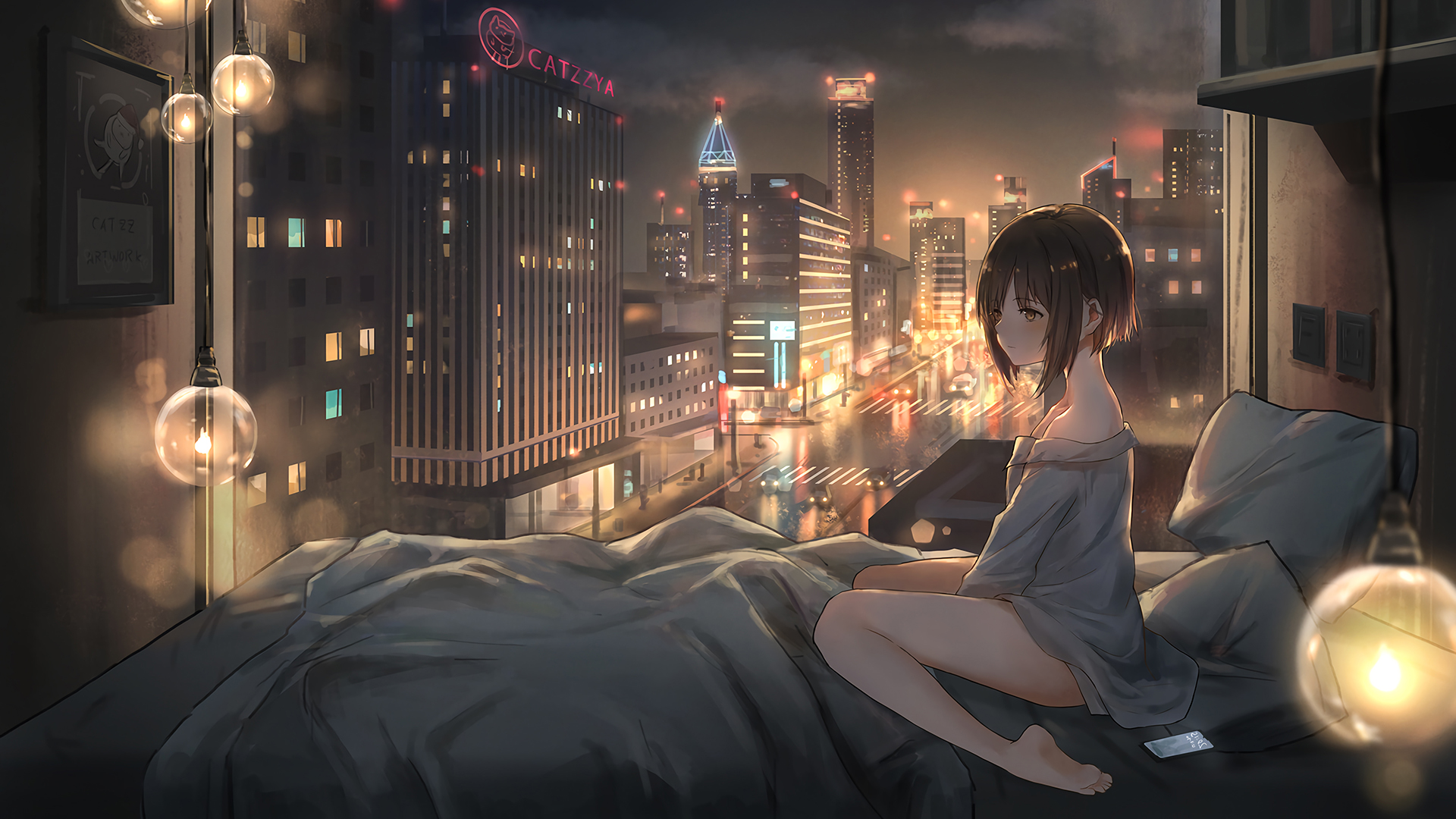 Anime Girls Anime Barefoot City Cityscape Brunette In Bed Bed Women Indoors Indoors Shoulder Length  1920x1080