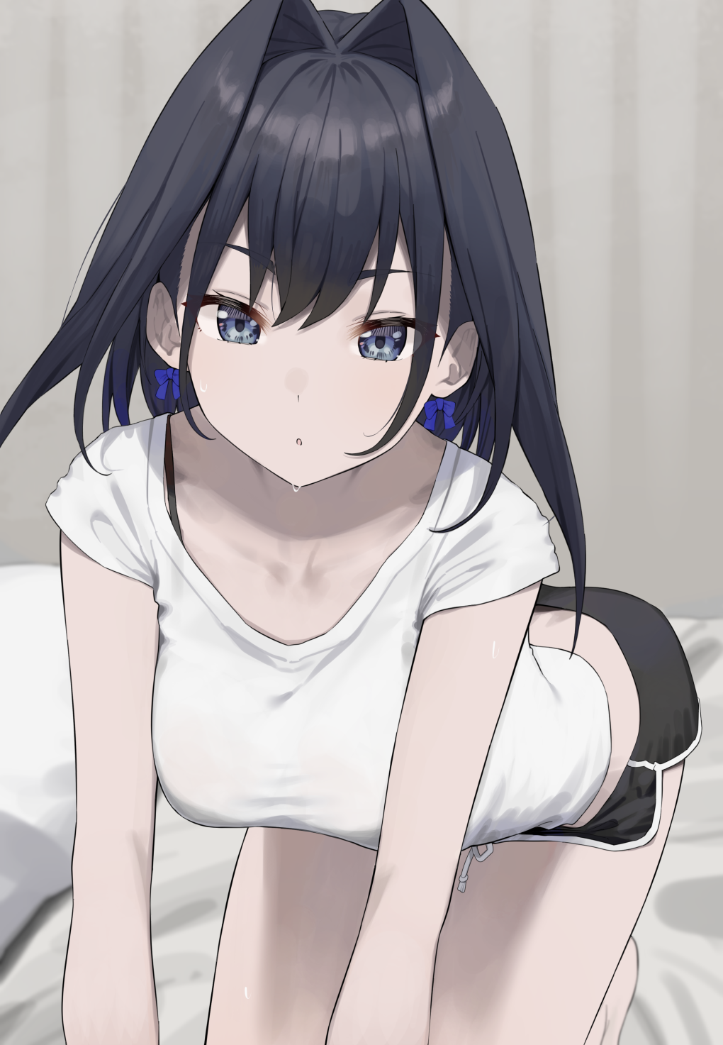 Looking At Viewer Digital Digital Art Anime Anime Girls Black Hair Sweating White Shirt Shorts Mini  1020x1473