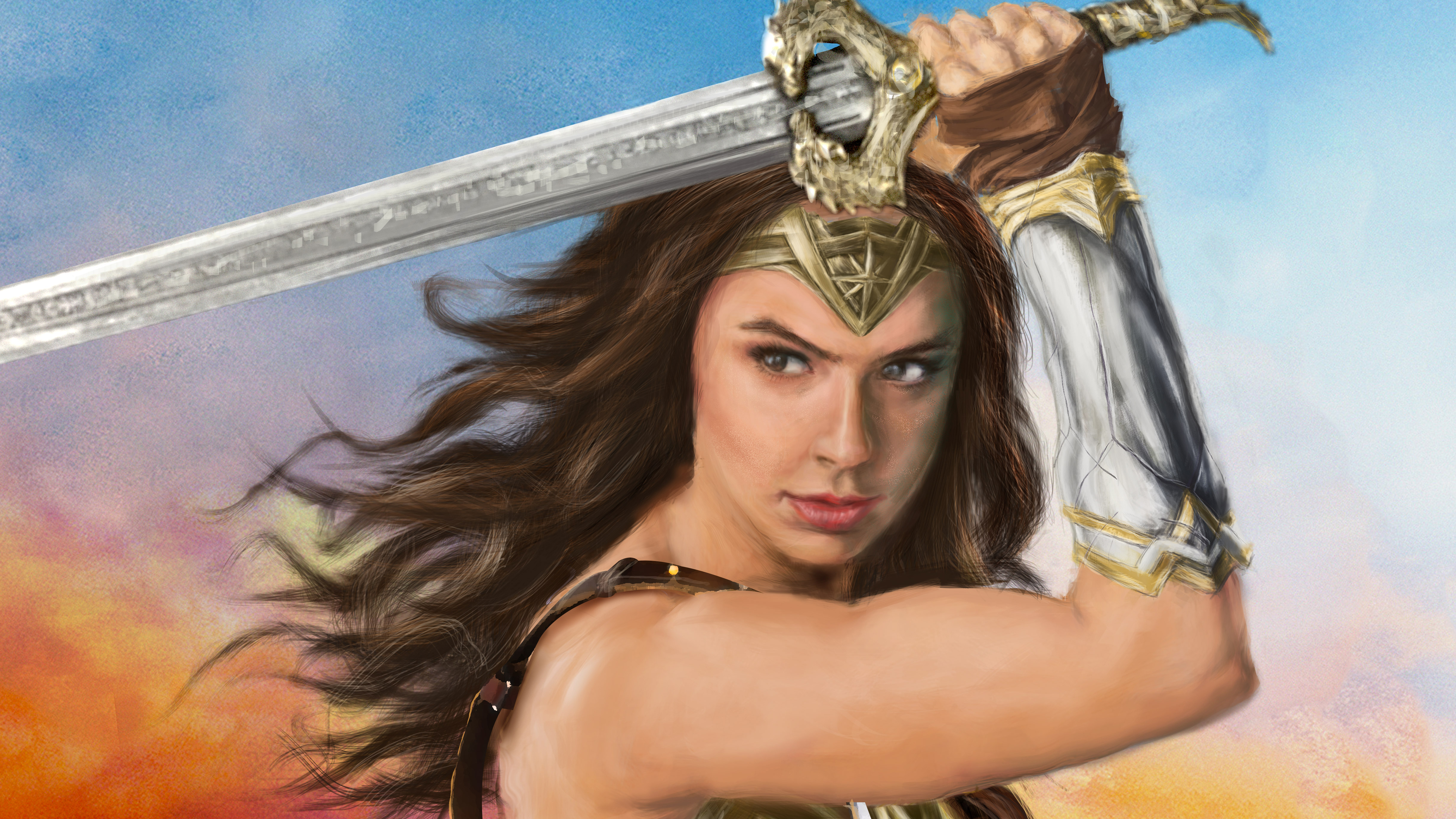 Brown Hair Gal Gadot Sword Woman Warrior Wonder Woman 4883x2746