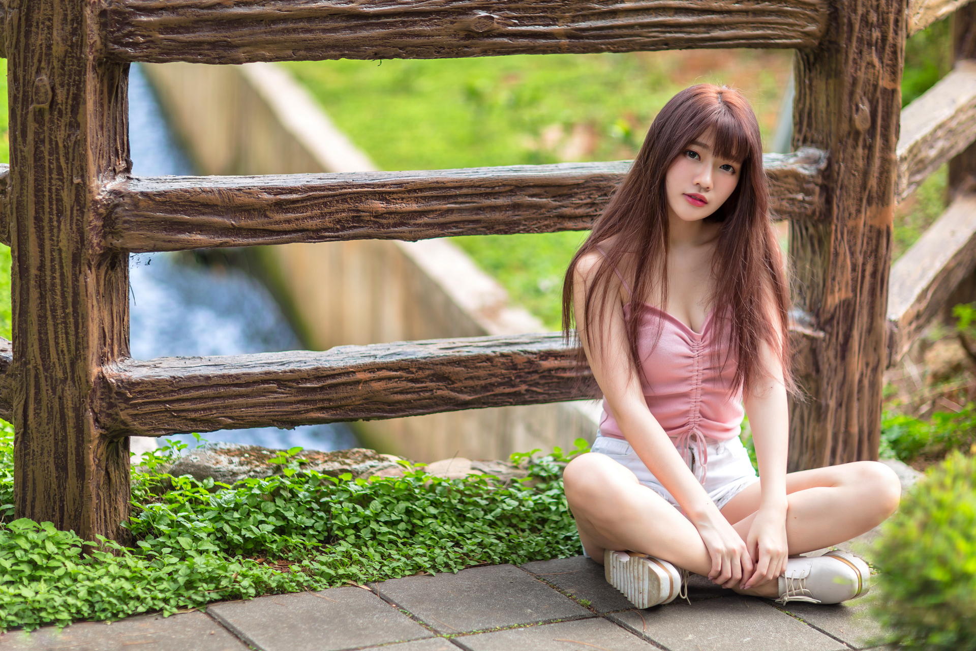 Asian Model Women Long Hair Brunette Sitting Legs Crossed Railings Grass Sneakers Shorts Pink Tops R 1920x1280