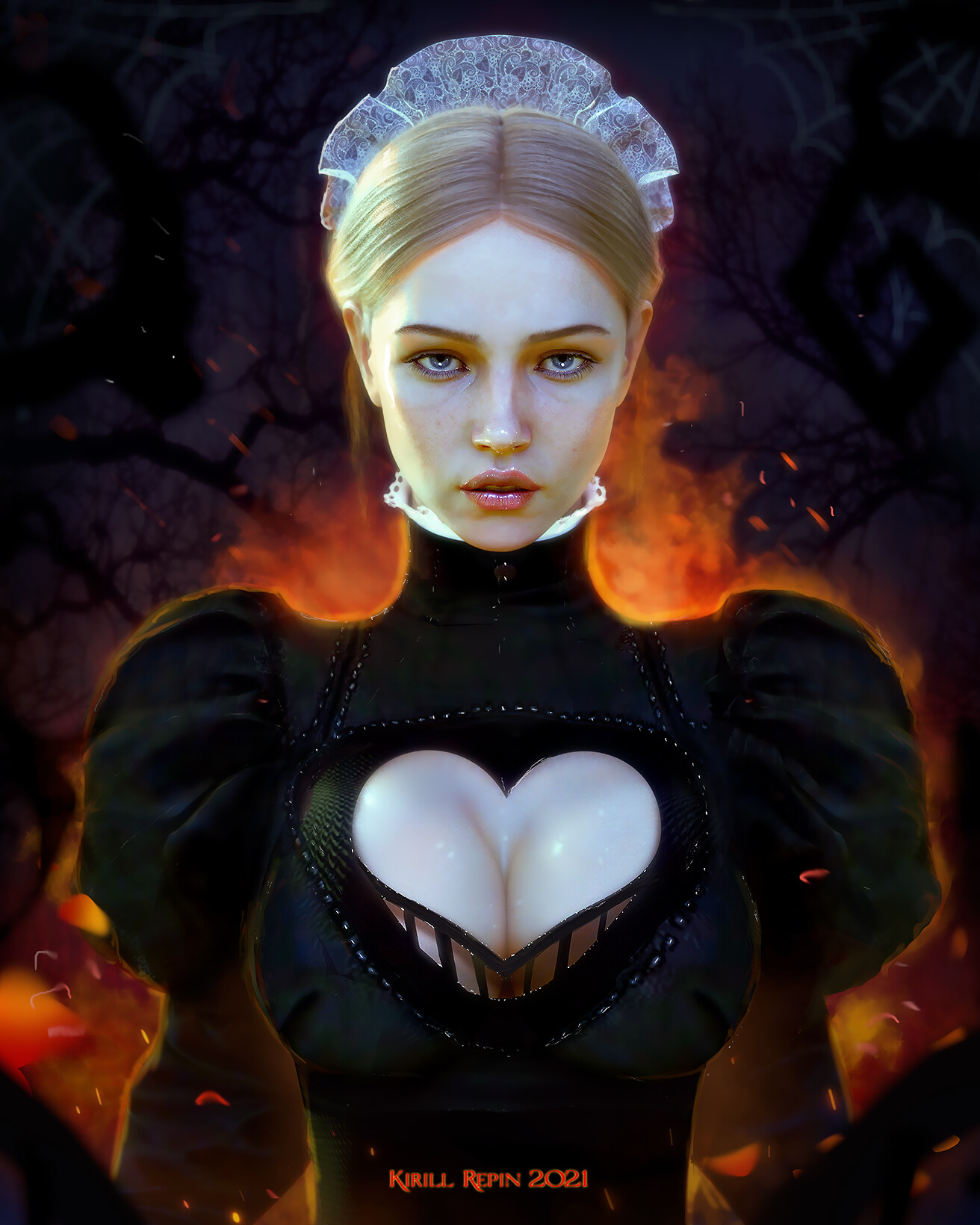 Kirill Repin Drawing Women Maid Maid Outfit Heart Design Black Clothing Fire Forest 1312x1640