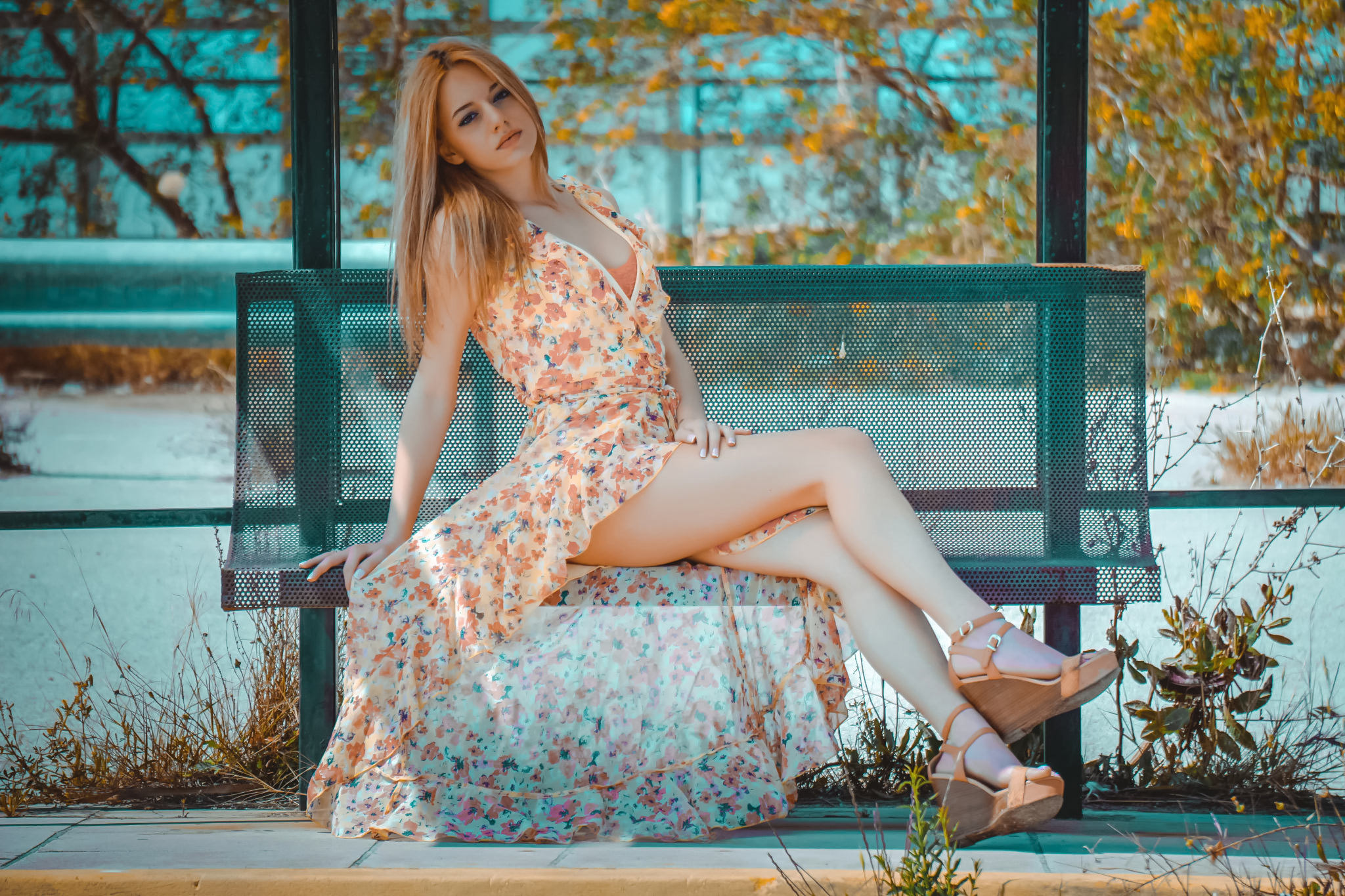 Artur Kurjan Women Blonde Dress Flower Dress Legs Bench Outdoors Wedge Heels 2048x1365