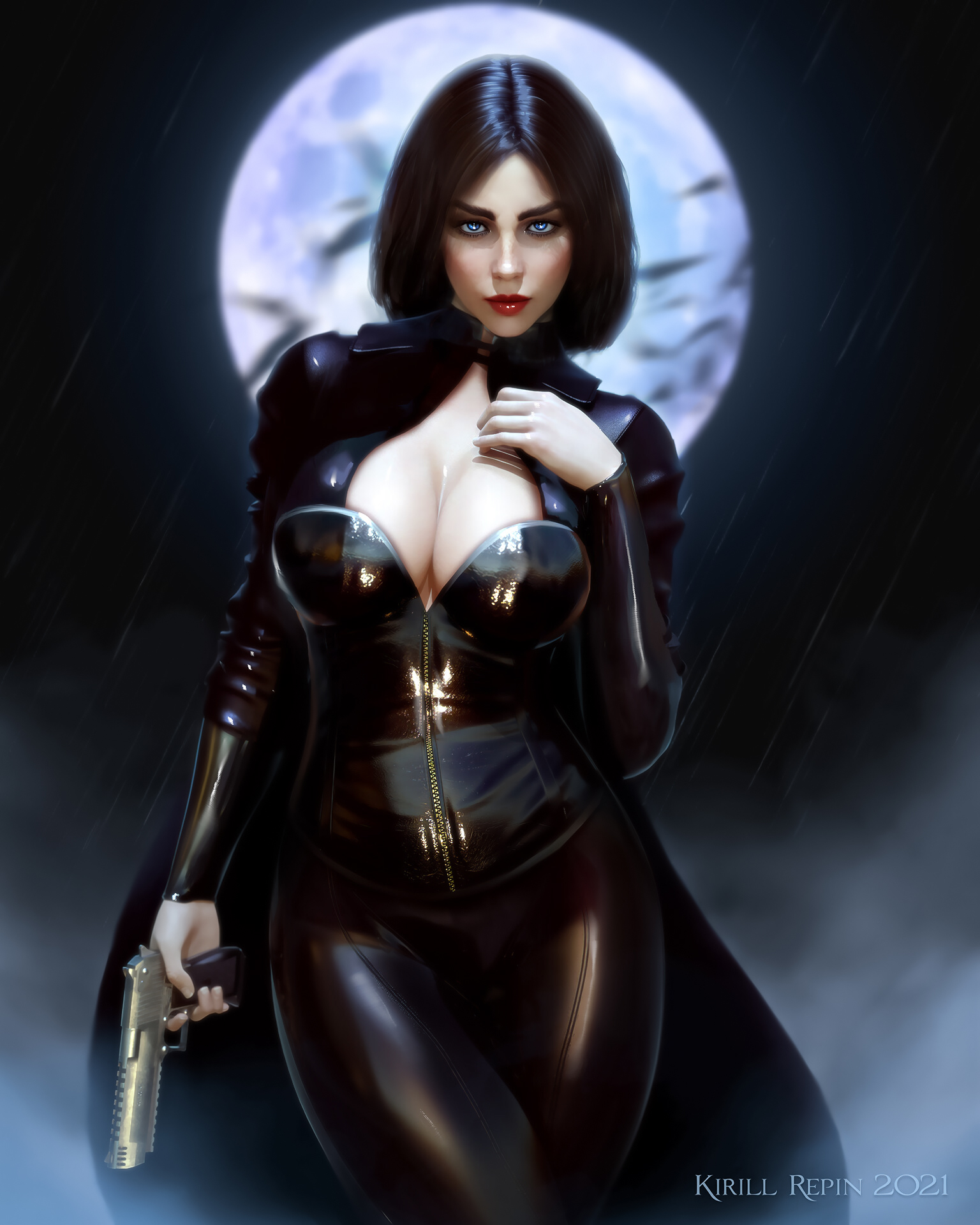 Kirill Repin Drawing Underworld Women Selene Underworld Blue Eyes Black Clothing Leather Zipper Look 1536x1920