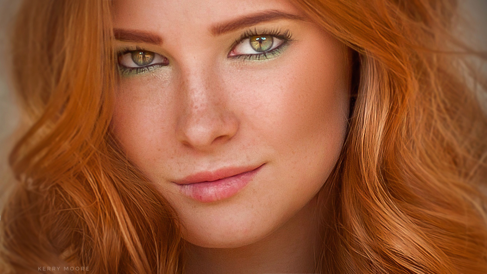 Kerry Moore Women Redhead Freckles Wavy Hair Looking At Viewer Green Eyes Portrait 1600x901