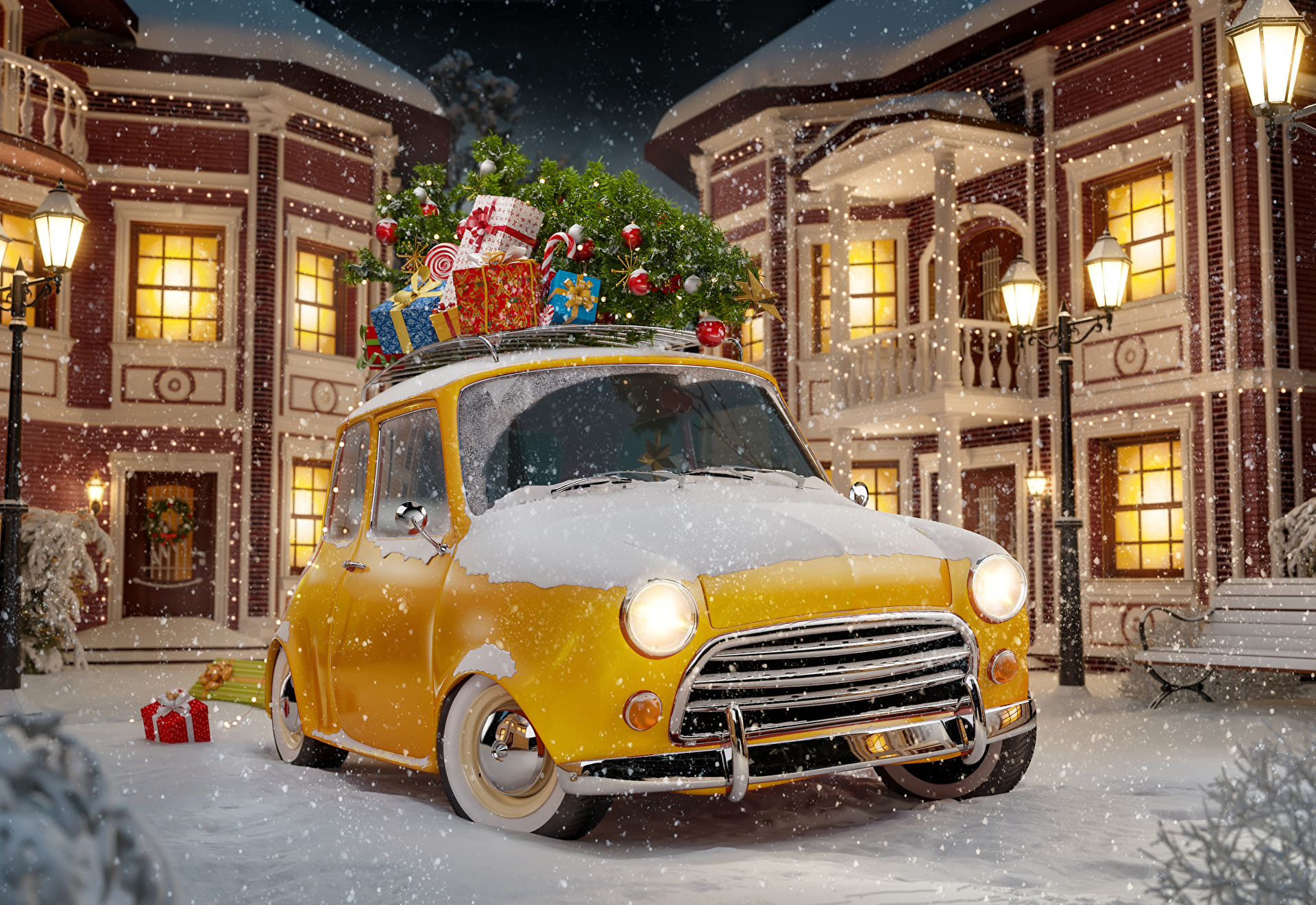 Christmas Tree Car Yellow Car Winter Gift 1920x1320