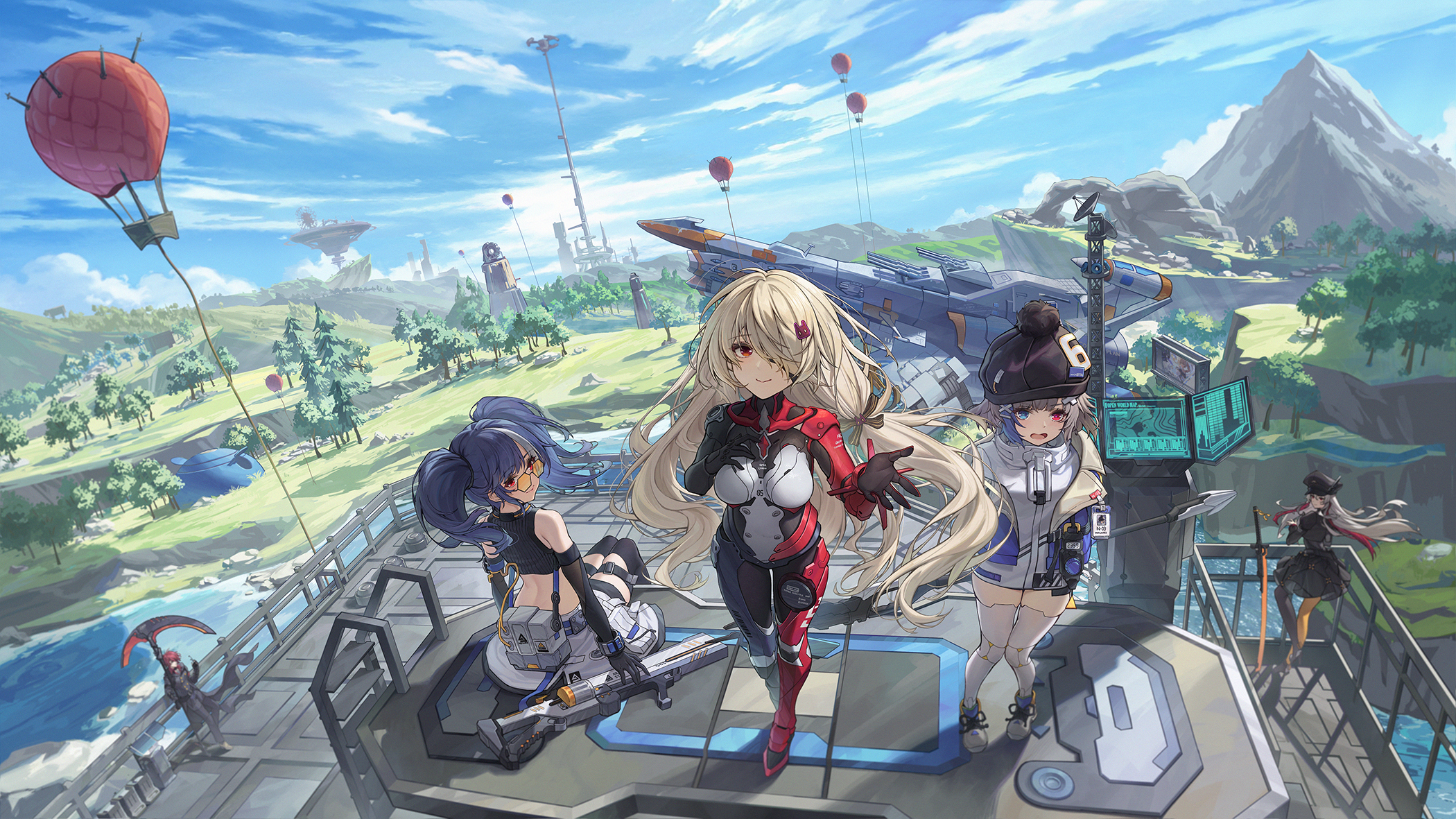 Anime Anime Girls Sky Blonde Weapon Hair In Face Red Eyes Long Hair Landscape 2100x1181