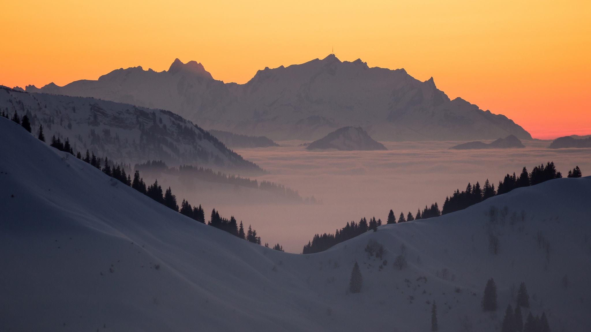 Snow Mountain Sunrise Dawn Germany Bavaria 2048x1152