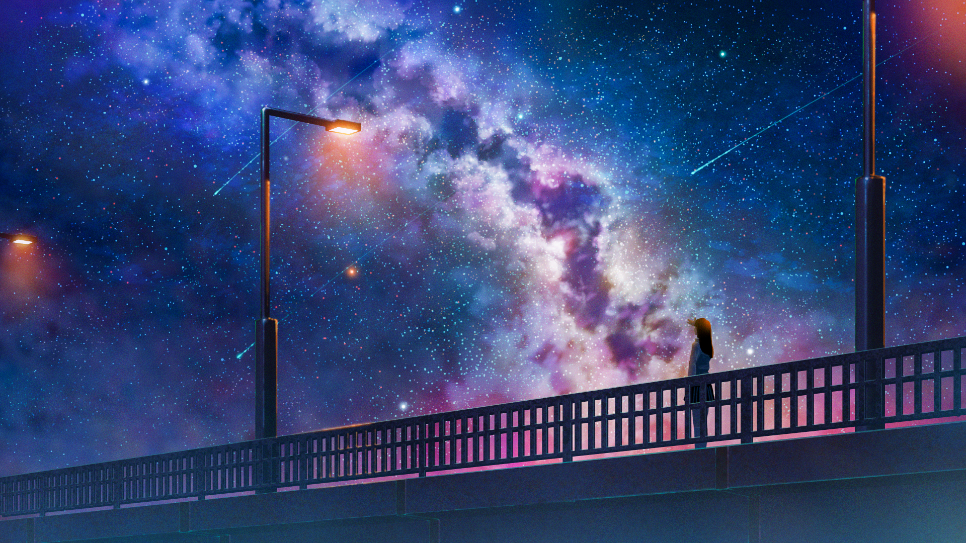Anime Anime Girls Original Characters Landscape Sky Night Stars Shooting Stars Lantern Bridge Starry 1920x1080