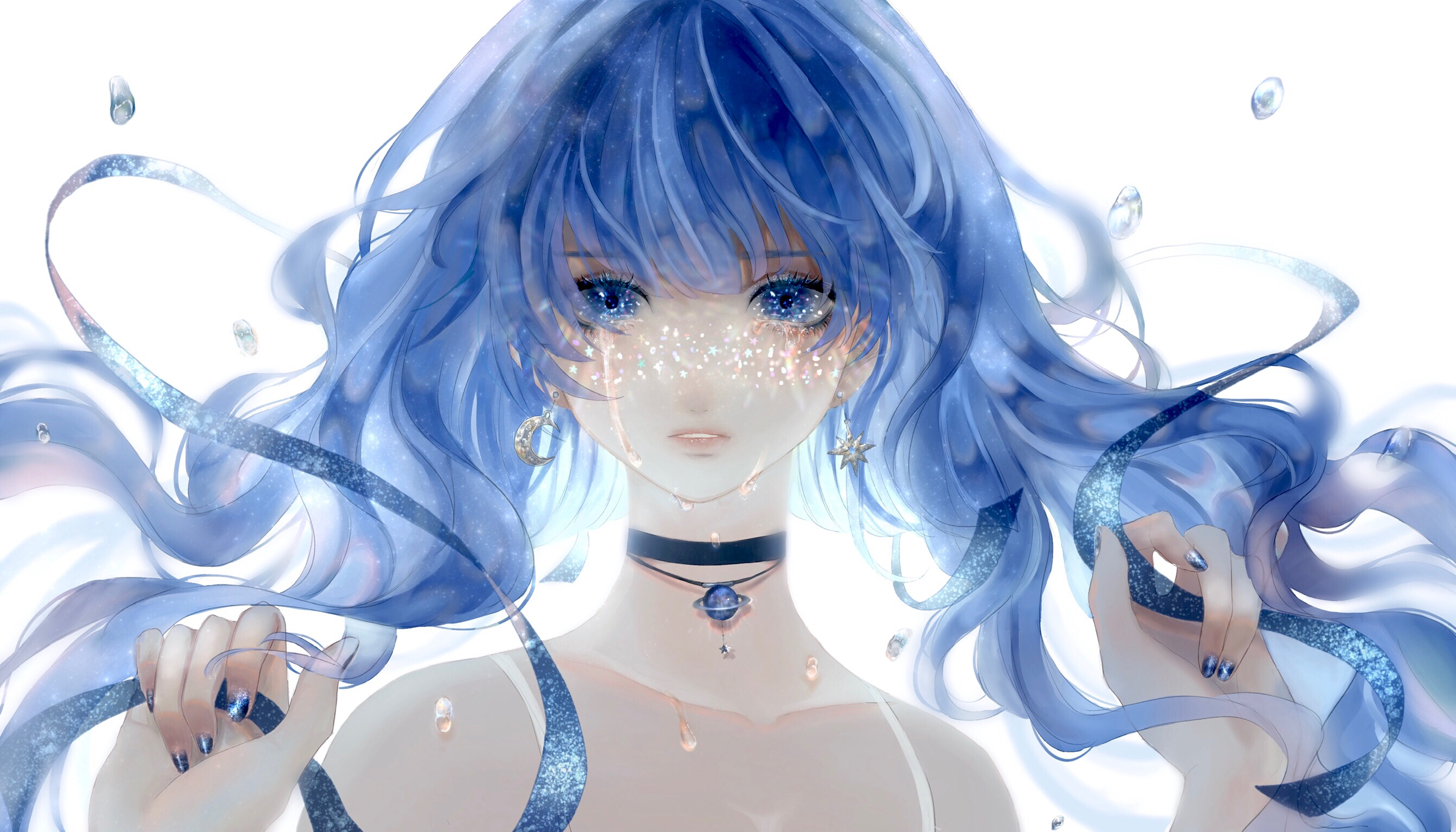 Anime Anime Girls Planet Blue Nails Long Hair Blue Hair Blue Eyes White Background Stars Crying Earr 2686x1536