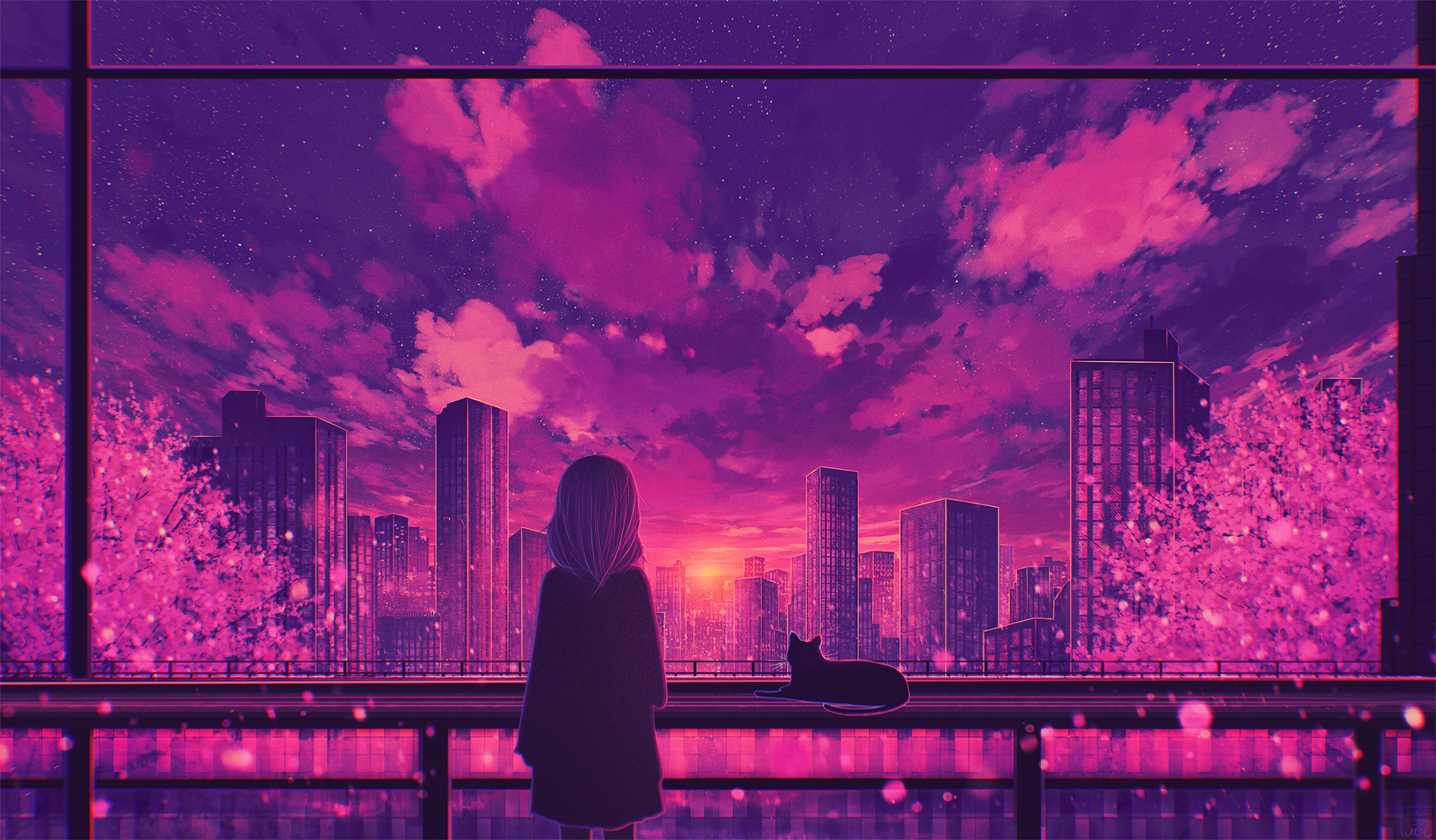 Anime Anime Girls Clouds City Stars Sunset Shoulder Length Hair Trees Fence Purple Background Buildi 2149x1258