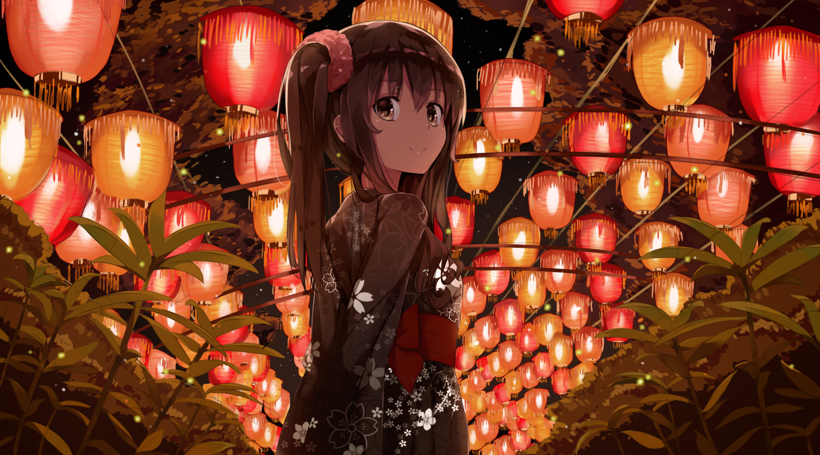 Festivals Kimono Yukata Japanese Clothes Lantern Smiling Brunette Brown Eyes Anime Girls Artwork Nii 1676x931
