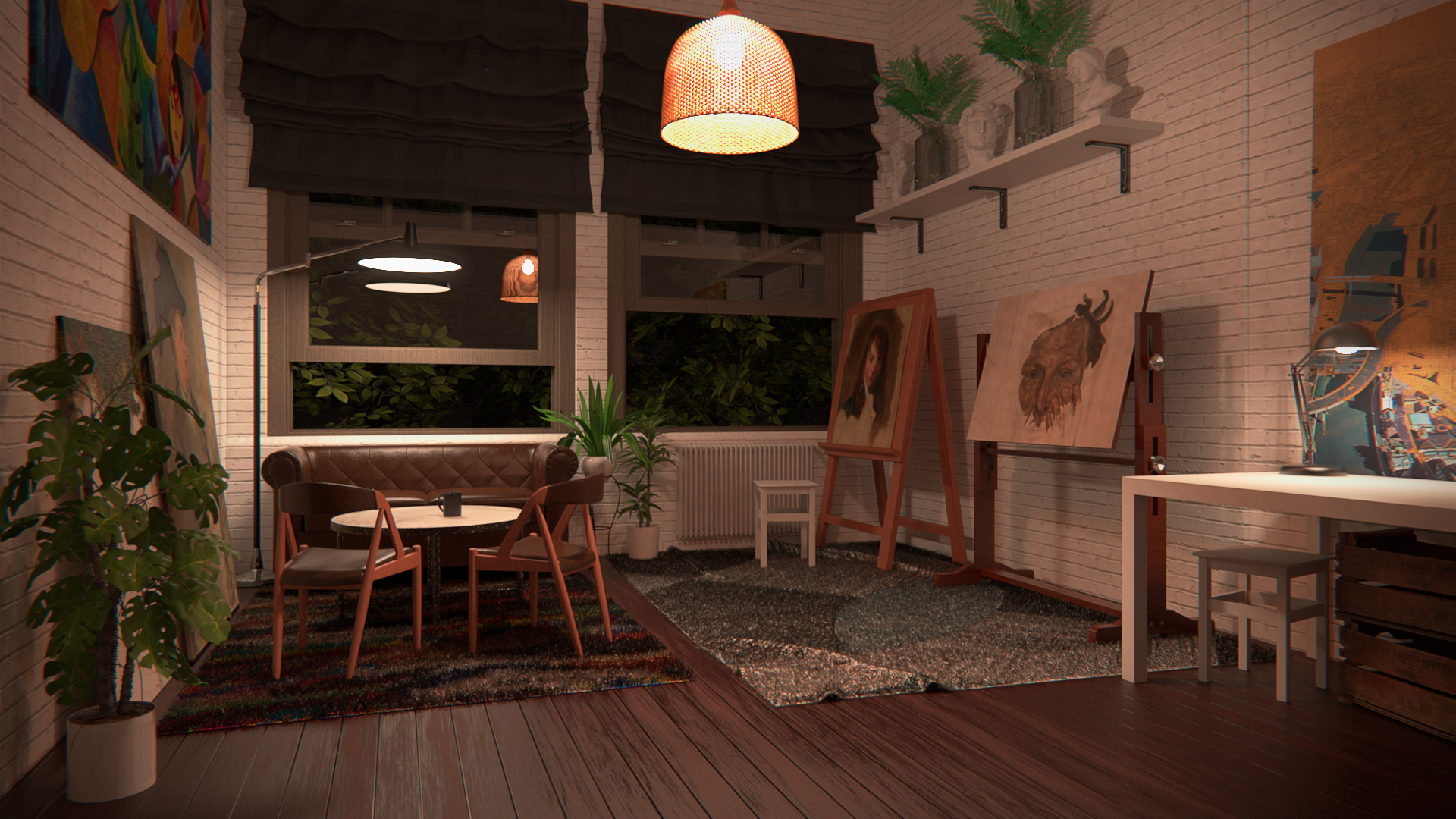 3D CGi Digital Art Interior Interior Design Painters Room Bricks Night 1920x1080