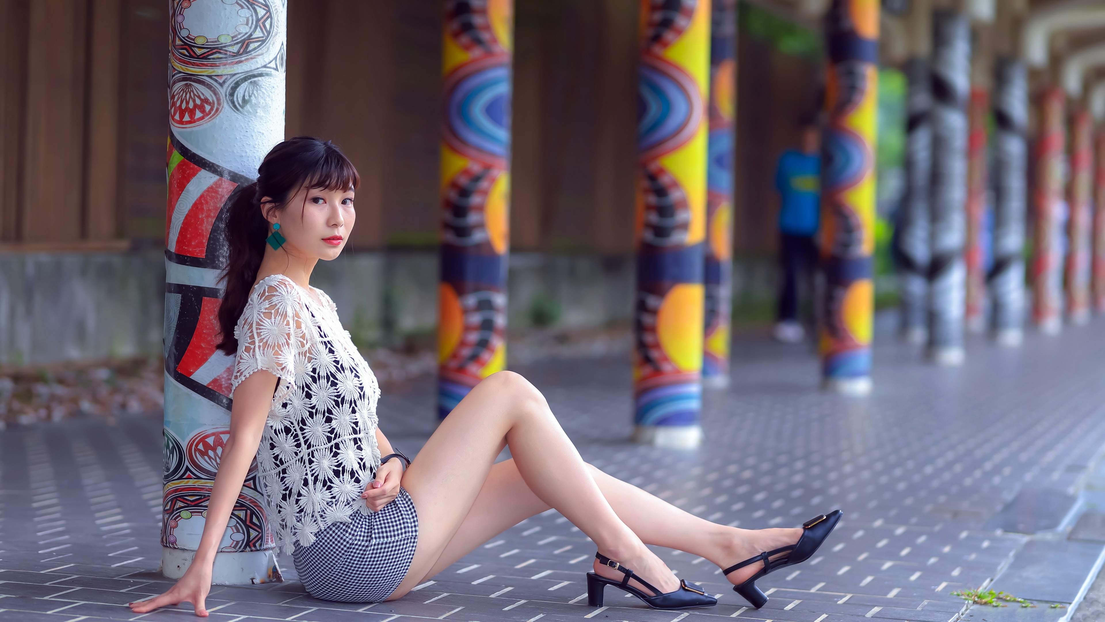 Asian Model Women Long Hair Dark Hair Sitting Column Ponytail Leaning Shirt Earring Black Shorts Dep 3840x2160