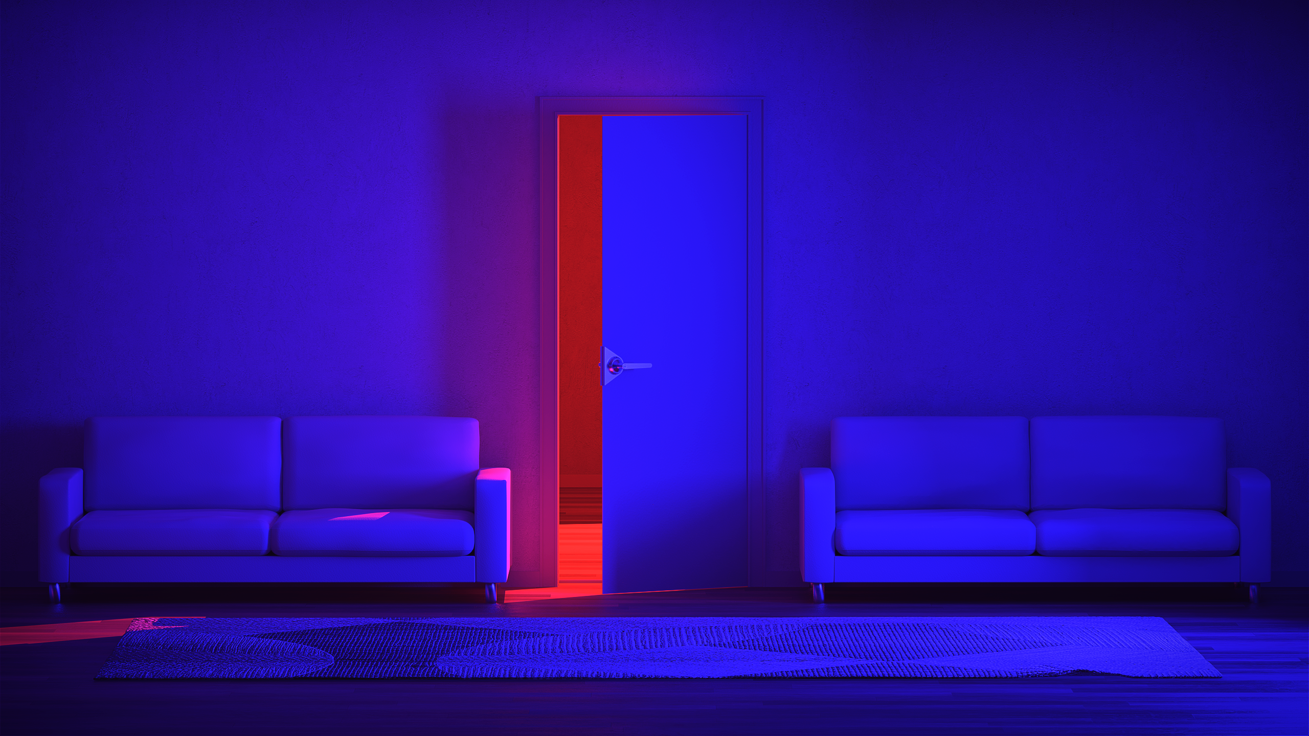 Neon Neon Lights CGi Digital Art Render Red Blue Door Couch Carpet 2560x1440
