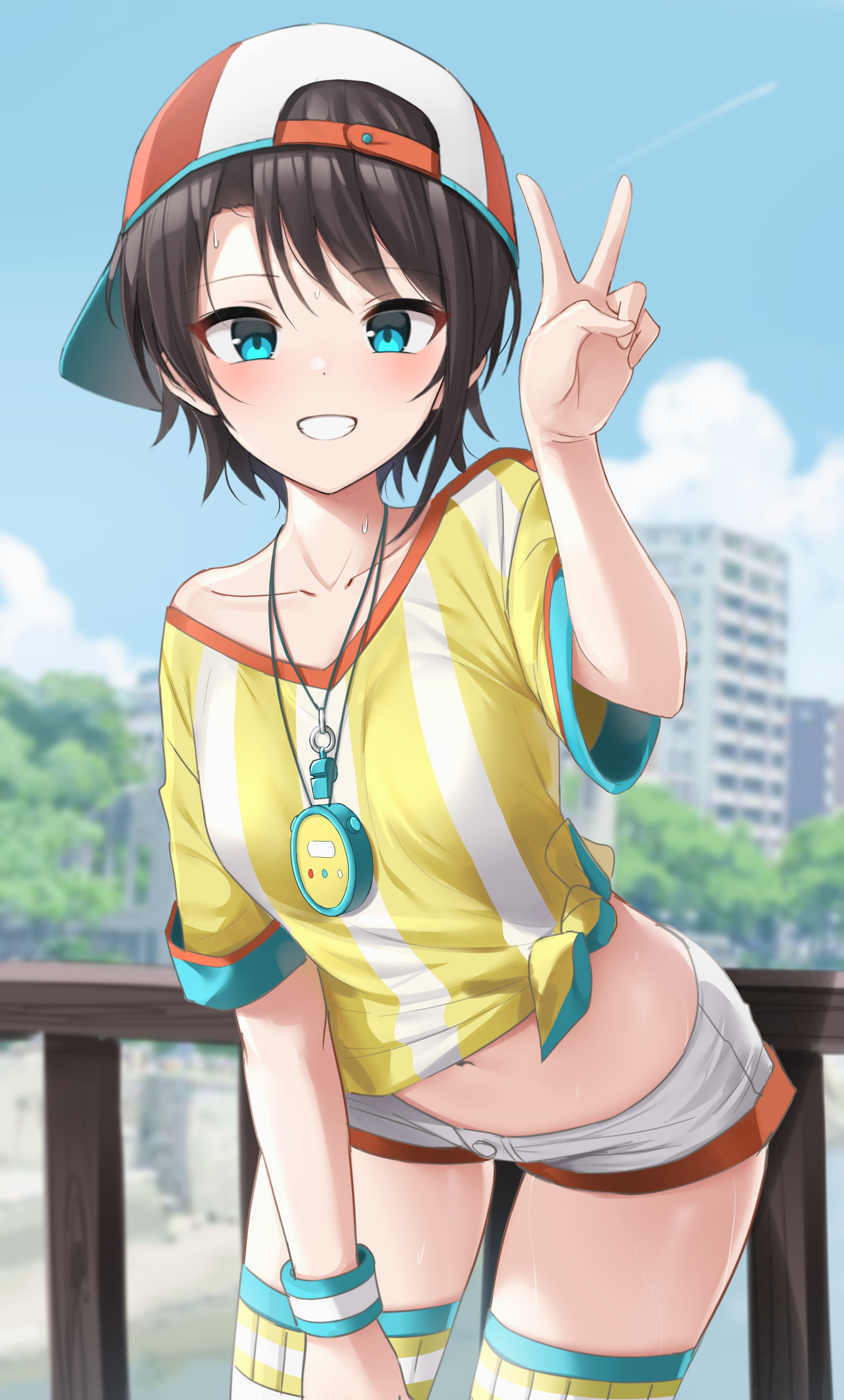 2D Anime Anime Girls Digital Digital Art Pixiv Brunette Blue Eyes Yellow Shirt Stopwatch Looking At  1774x2941