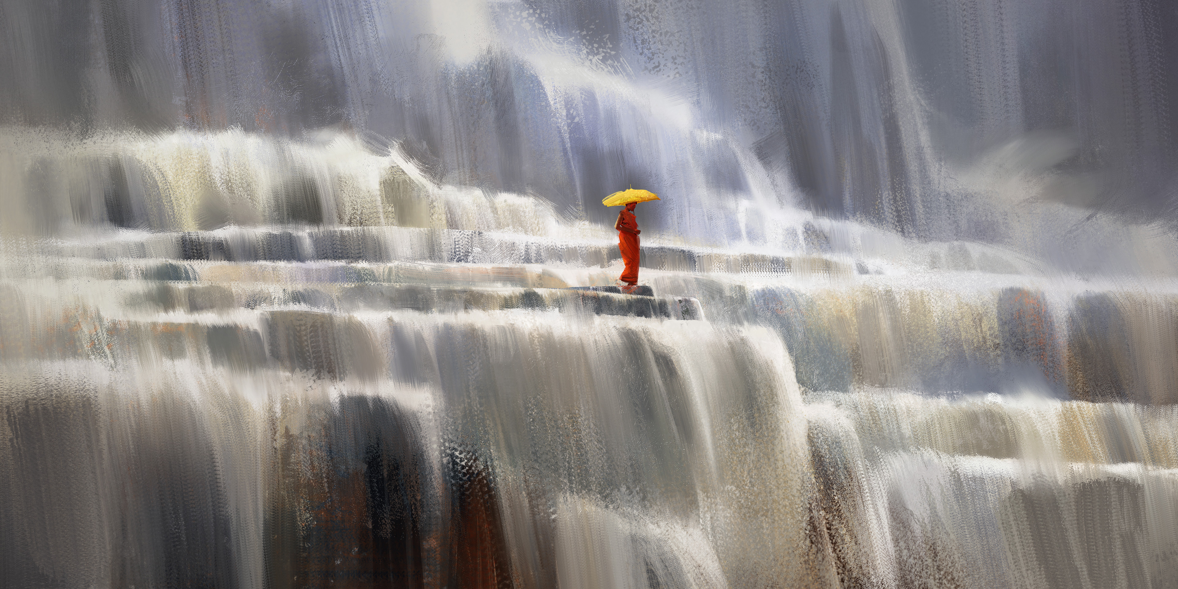 Quentin Mabille Digital Art Digital Painting Artwork Nature Waterfall Umbrella 3840x1920