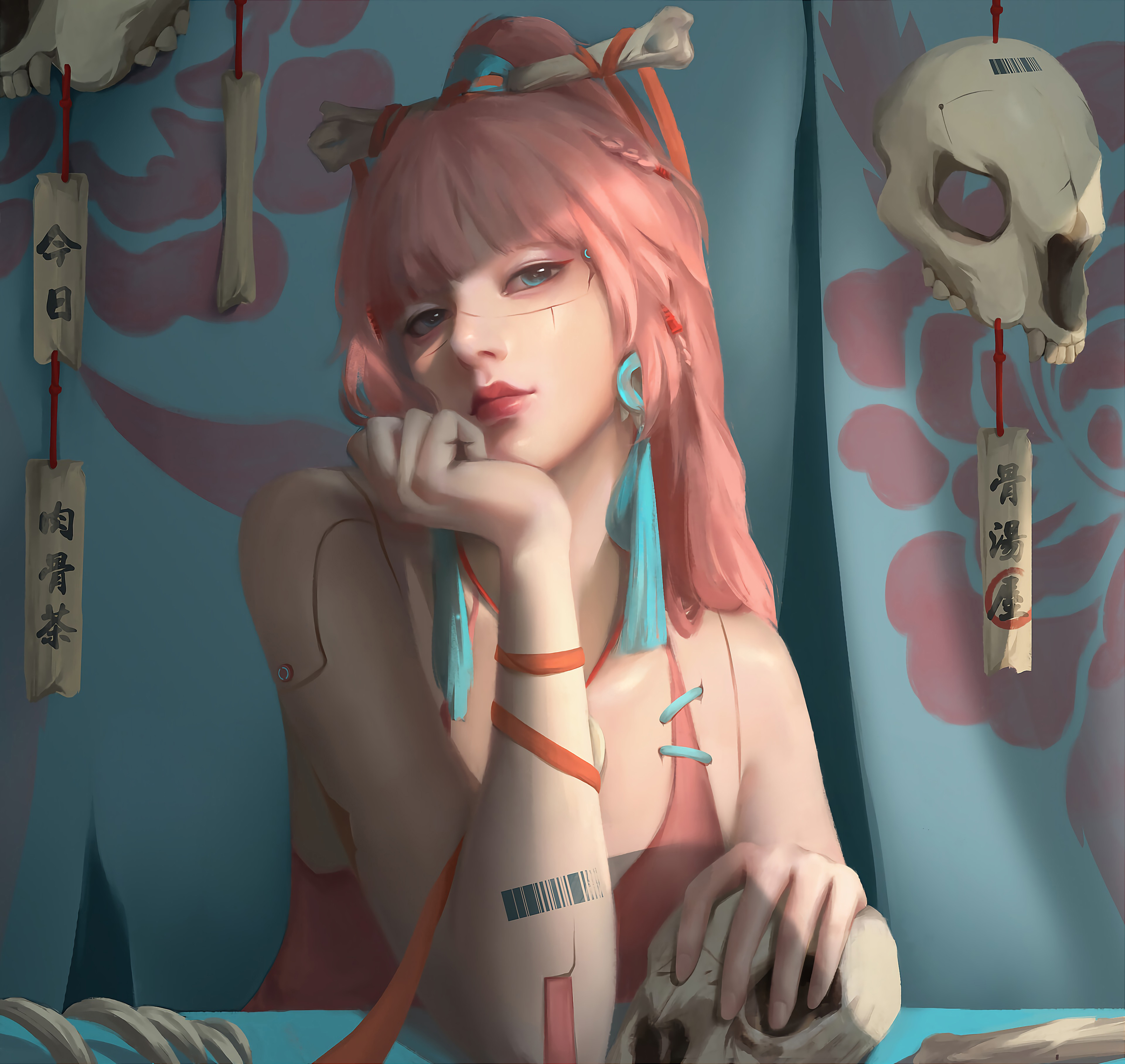 Artwork Fantasy Art Women Fantasy Girl Long Hair Pink Hair Blue Eyes Skeleton Robot Trungbui 3840x3632