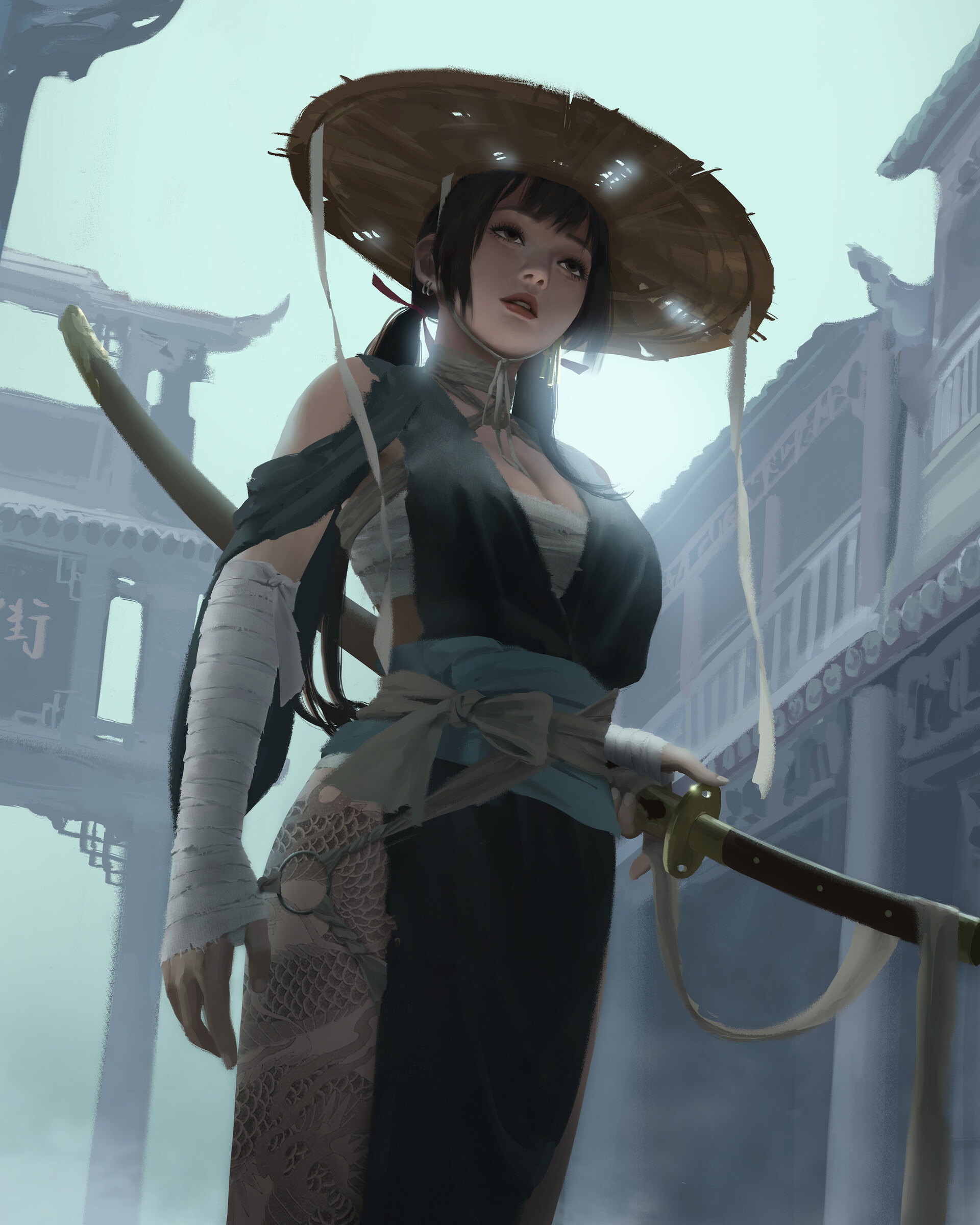 Tony Liu Artwork ArtStation Fantasy Art Fantasy Girl Women Asian Hat Women With Hats Women With Swor 1920x2400