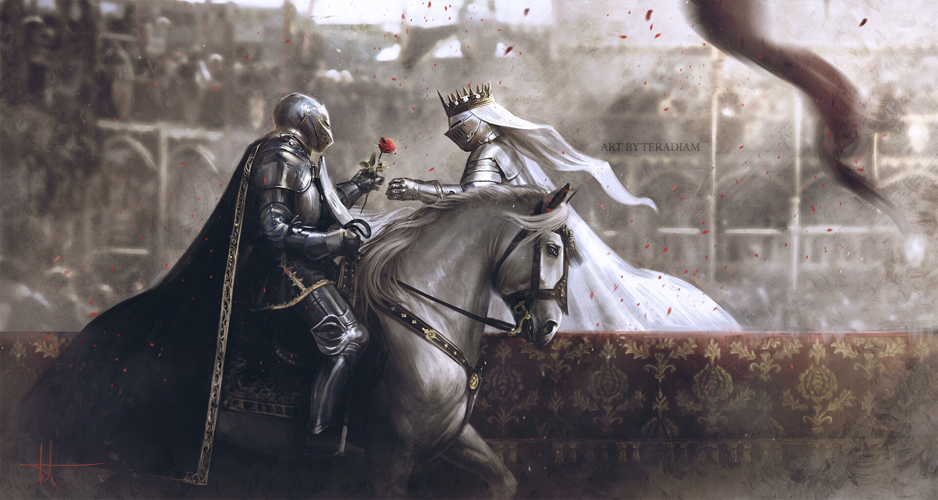 Artwork Fantasy Art Knight Armor Rose Horse Romance 1920x1023