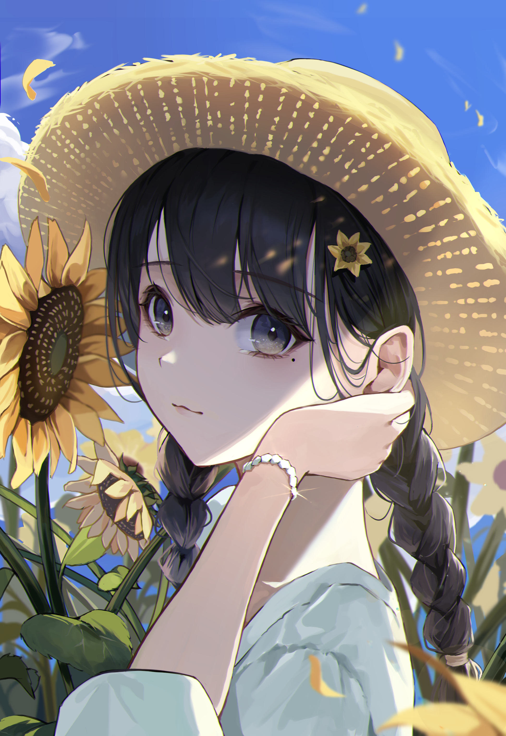 Anime Anime Girls Huruyi Artwork Black Hair Braids Black Eyes Straw Hat  Sunflowers Wallpaper - Resolution:2107x3065 - ID:1248885 