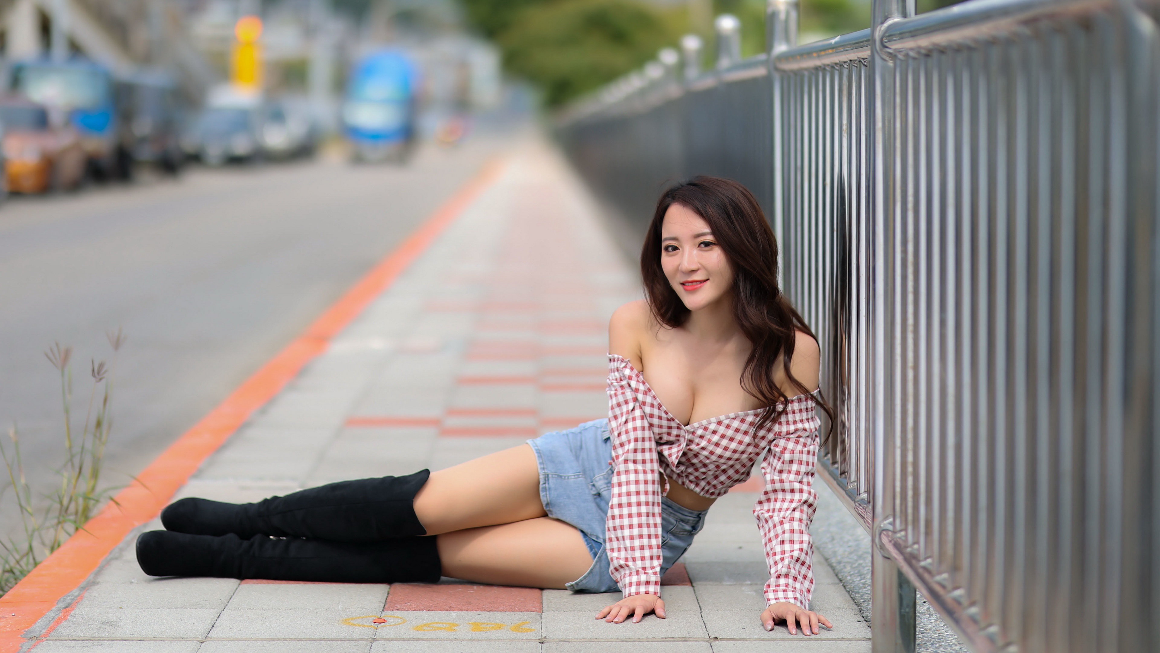 Asian Women Model Urban Boots Brunette Long Hair Plaid Shirt Shirt Skirt Looking At Viewer 3840x2160