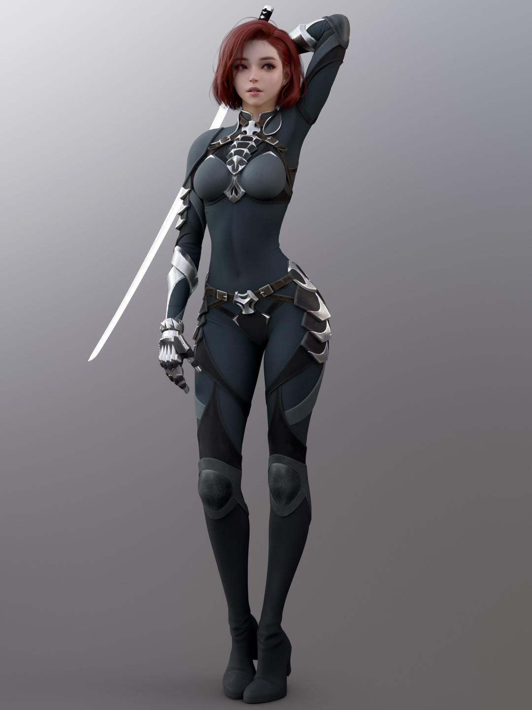 Shin JeongHo CGi Women Redhead Short Hair Looking Away Suits Weapon Katana Simple Background Gray Ba 1080x1440
