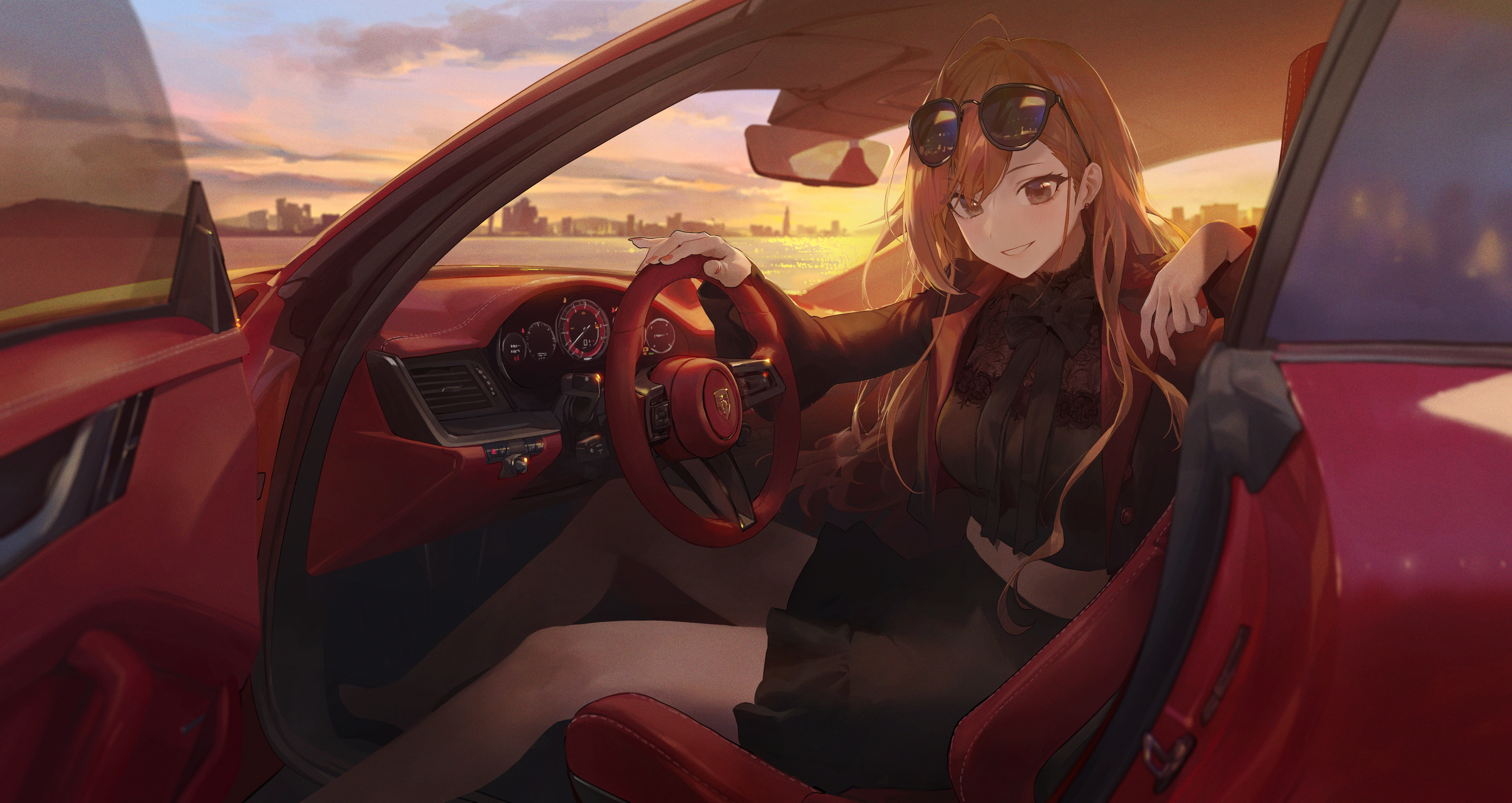 Anime Anime Girls Artwork Vehicle Mossi Artist Car THE IDOLM STER Car Interior Smiling Brunette Brow 6000x3186