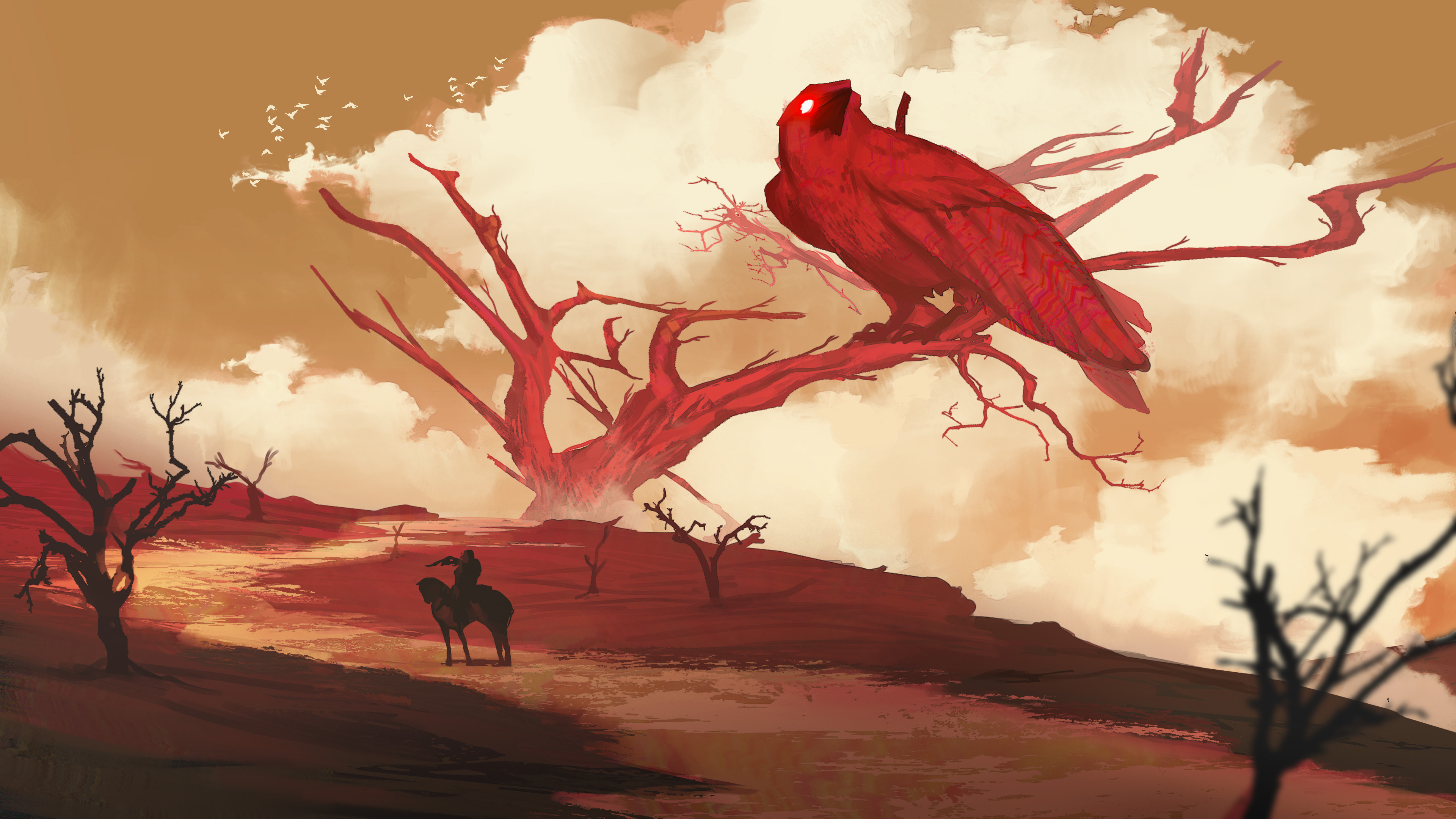 Digital Art Egor Poskryakov Fantasy Art Desert Horse Birds Crow Red Clouds Trees Dead Trees 3840x2160
