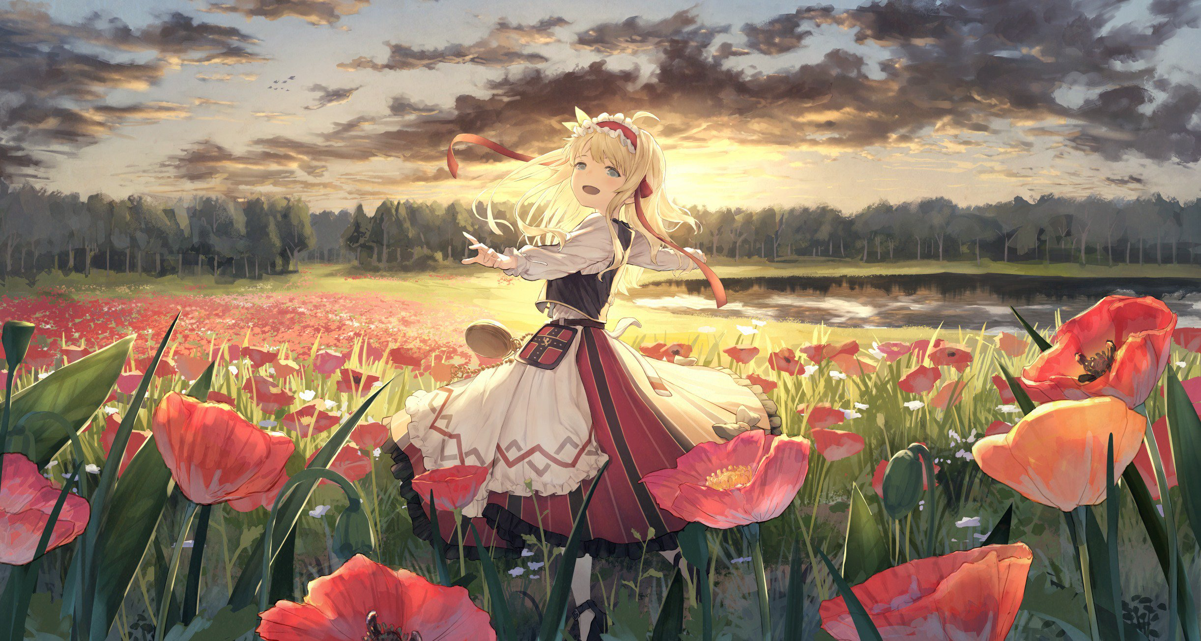 Anime Girls Landscape Sunset Field Red Flowers Bionekojita Women 2444x1305