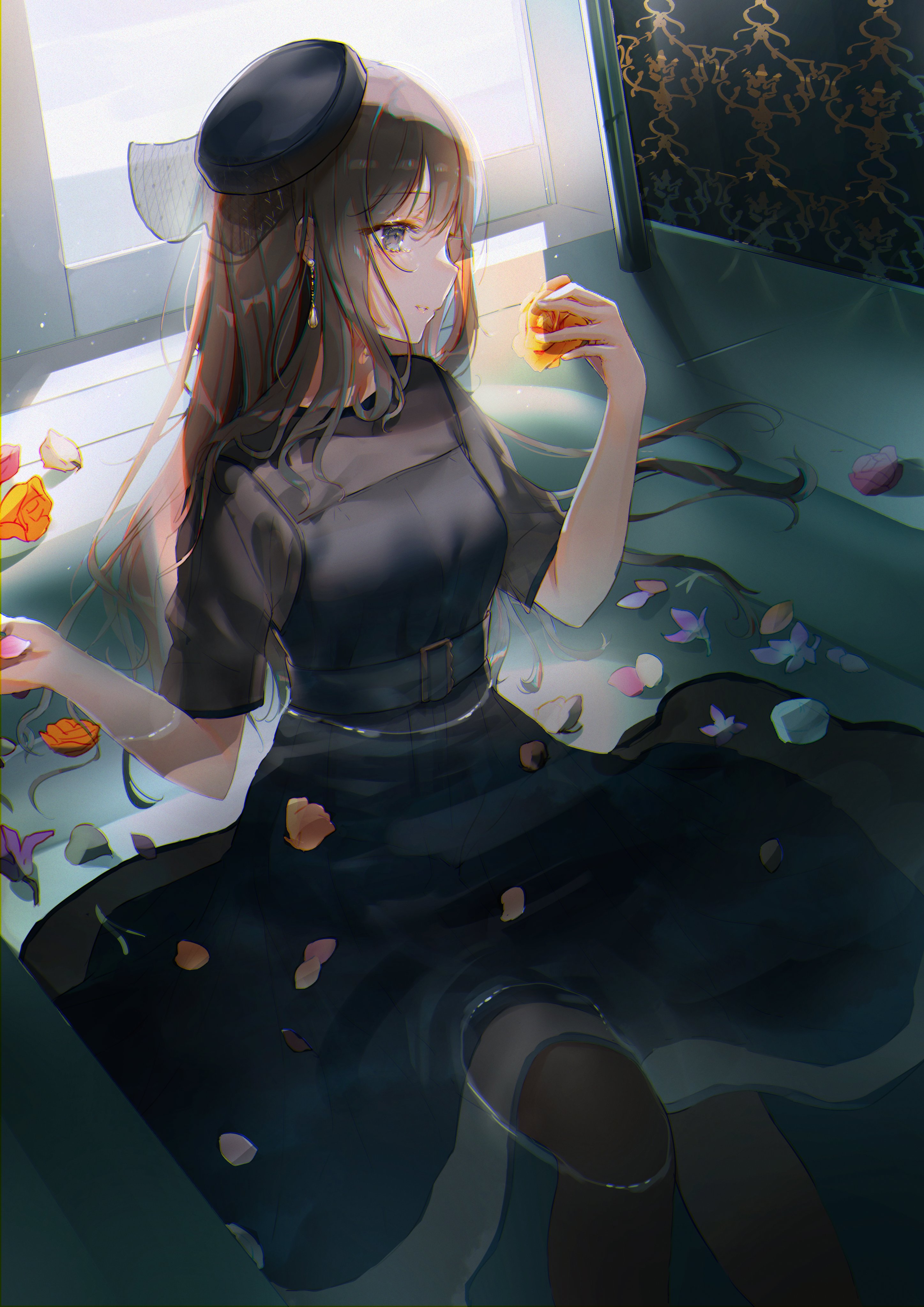 Dark Dress Long Hair Dark Hair Flowers In Bathtub Dress Anime Girls 2894x4093