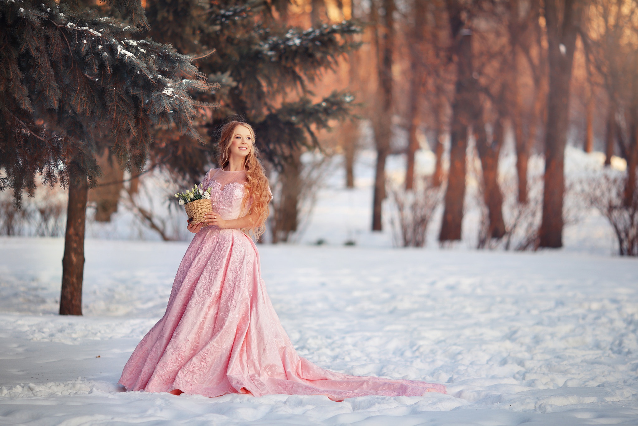 Blonde Depth Of Field Girl Long Hair Pink Dress Smile Winter Woman 2048x1366