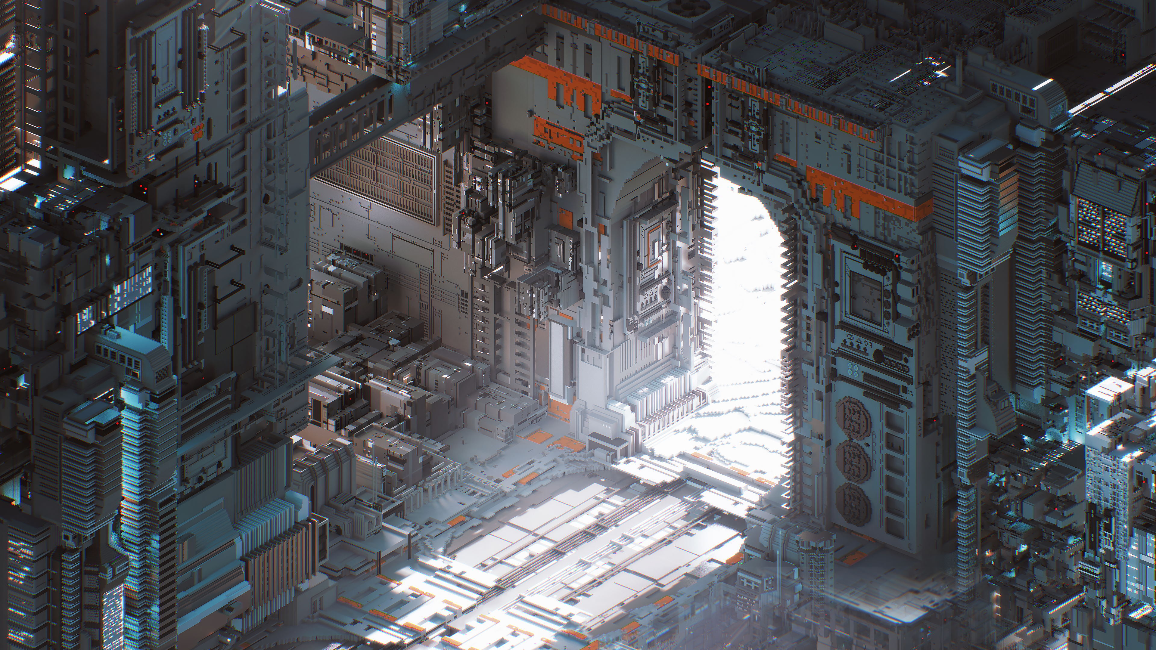 3D Digital Art Artwork Cyberpunk Isometric Voxels Futuristic City City Building Architecture Fantasy 3840x2160